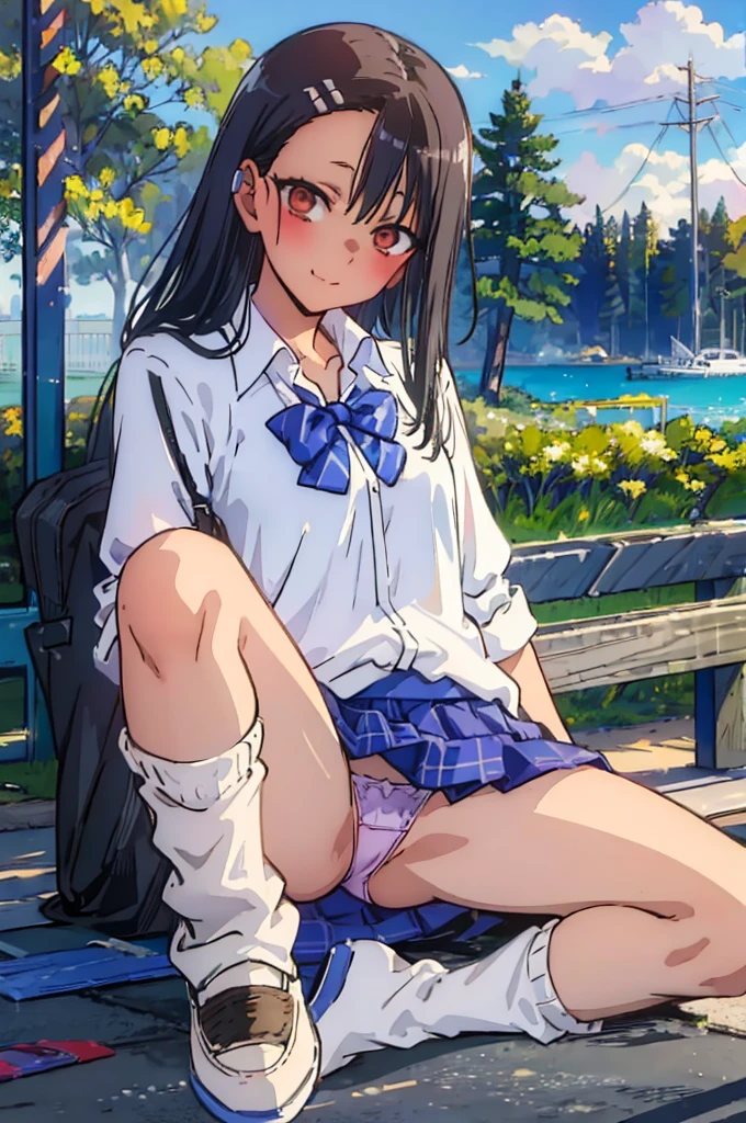 (top-quality:1.4、masterpiece:1.4)、(nagatoro hayase:1.5、friendly gal、1girl in)、(Angle from the front、A dark-haired:1.6、Show me your pants)、grin、Realistic white panties:1.6、Panty seams、pantyshot、Panty crotch、Panchira、Opening legs、