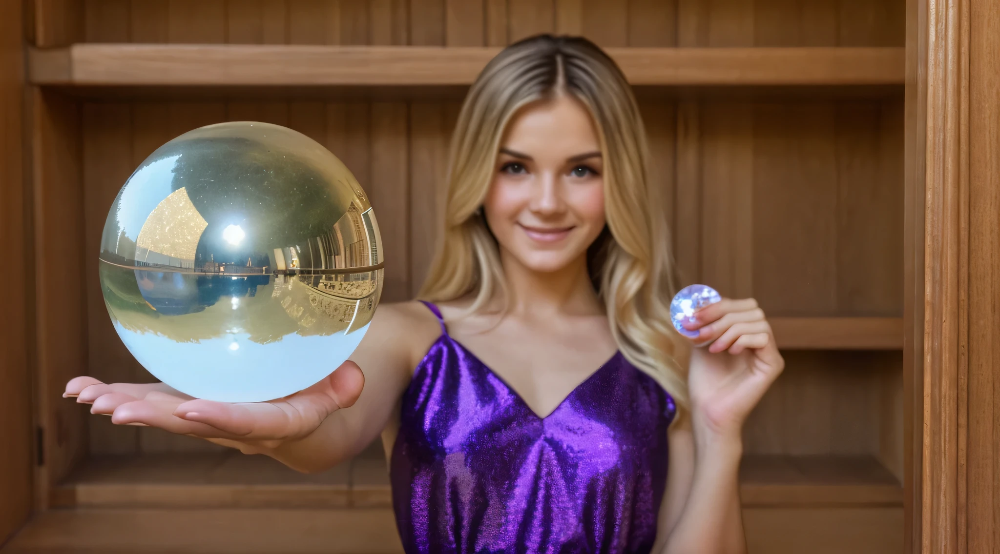 BLONDE CHILD GIRL in purple dress holding a bola de cristal in her hands, holding a bola de cristal, bola de cristal, uma mulher segurando um orbe, adivinho,