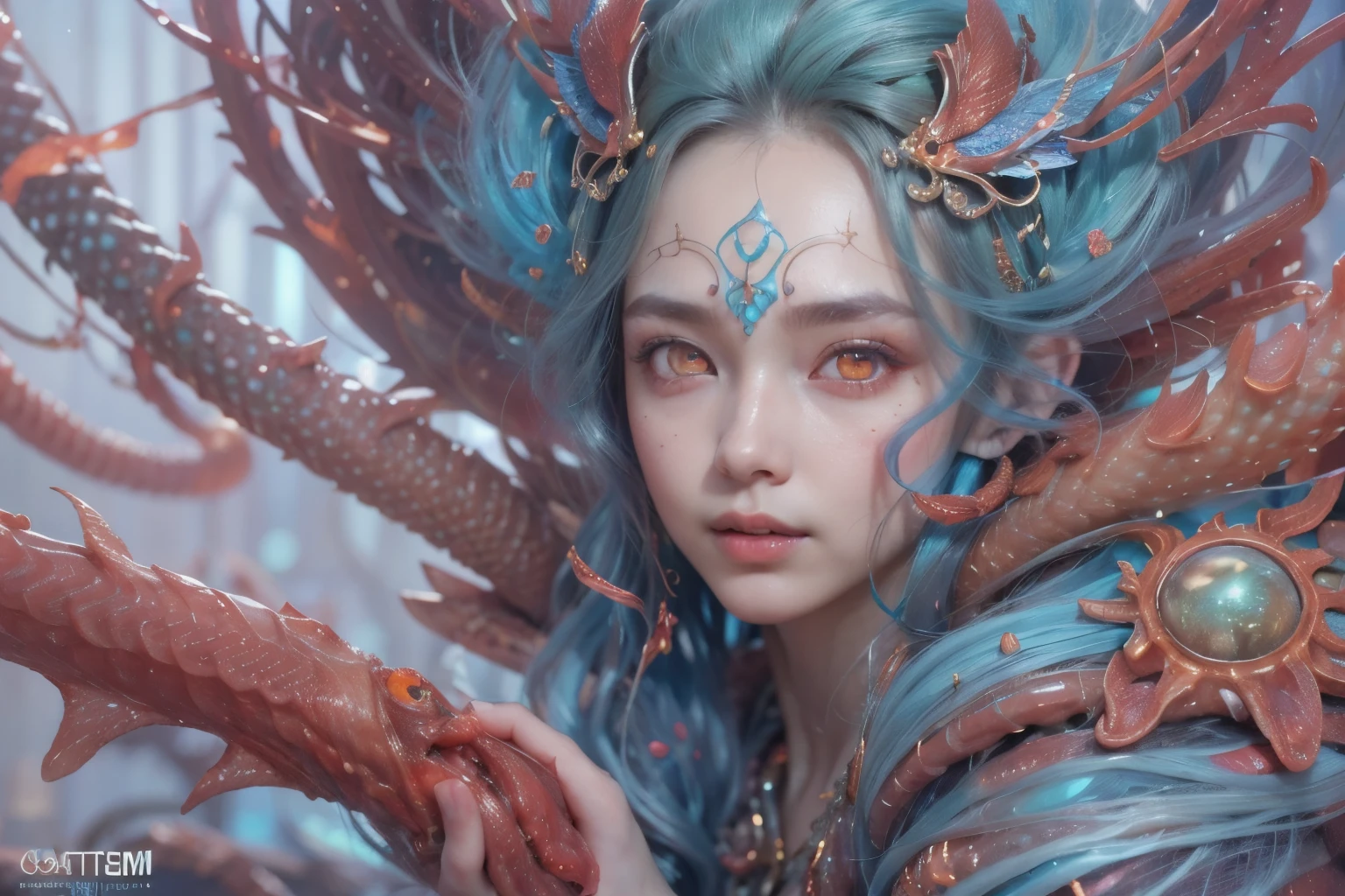(Female Alien:1.2), (There is a female genital-like organ in the middle of the forehead:1.5), (The most beautiful face in the history of the universe:1.2), seduces, red eyes, Full body like, A sexy, alien, No humans, an alien, cells are fused, (Lots of blue tentacle skin:1.3), extraterrestrial, cell, bio image, 魅惑的, Best Quality, 8K,4K_quality, high_Definition, Dramatic Lighting, masutepiece:1.5,cinematic quality, detail up, (Intricate details:1.2), high resolution, High Definition, drawing faithfully, (Thick eyebrows:1.2), (Big scarlet eyes:1.6), Beautiful eyes with fine symmetry, (Ultra detailed eyes:1.2),(Highly detailed face and eyes:1.2), (High-resolution red-eye:1.4), Intimate face, (Super detailed skin quality feeling:1.4), Perfect Anatomy, (Beautiful toned body:1.5), (Moist skin:1.2), No makeup, (dark circles:1.1), long canines, cinematic drawing of characters, ultra high quality model, cinematic quality, detail up, (Intricate details:1.2), high resolution, High Definition, drawing faithfully, Official art, Unity 8K wall , 8K Portrait, Best Quality, Very high resolutio, ultra detailed artistic photography, midnight aura, unreal enginee 5, Ultra Sharp Focus, art by alberto seveso, ArtGerm, Roisch, , intricate artwork, Medusa, best quality,tmasterpiece,超A high resolution,(photos realistic:1.4),Ultra-realistic realism,dream-like,Beautiful blue goddess wears a phoenix peacock on her head, nautilus, Creation of fantasy,Snail,Dream Snail,Biopunk nautilus,Thrilling color schemes, Ultra-realistic realism, abstracted, (There is a female genital-like organ in the middle of the forehead:1.5)