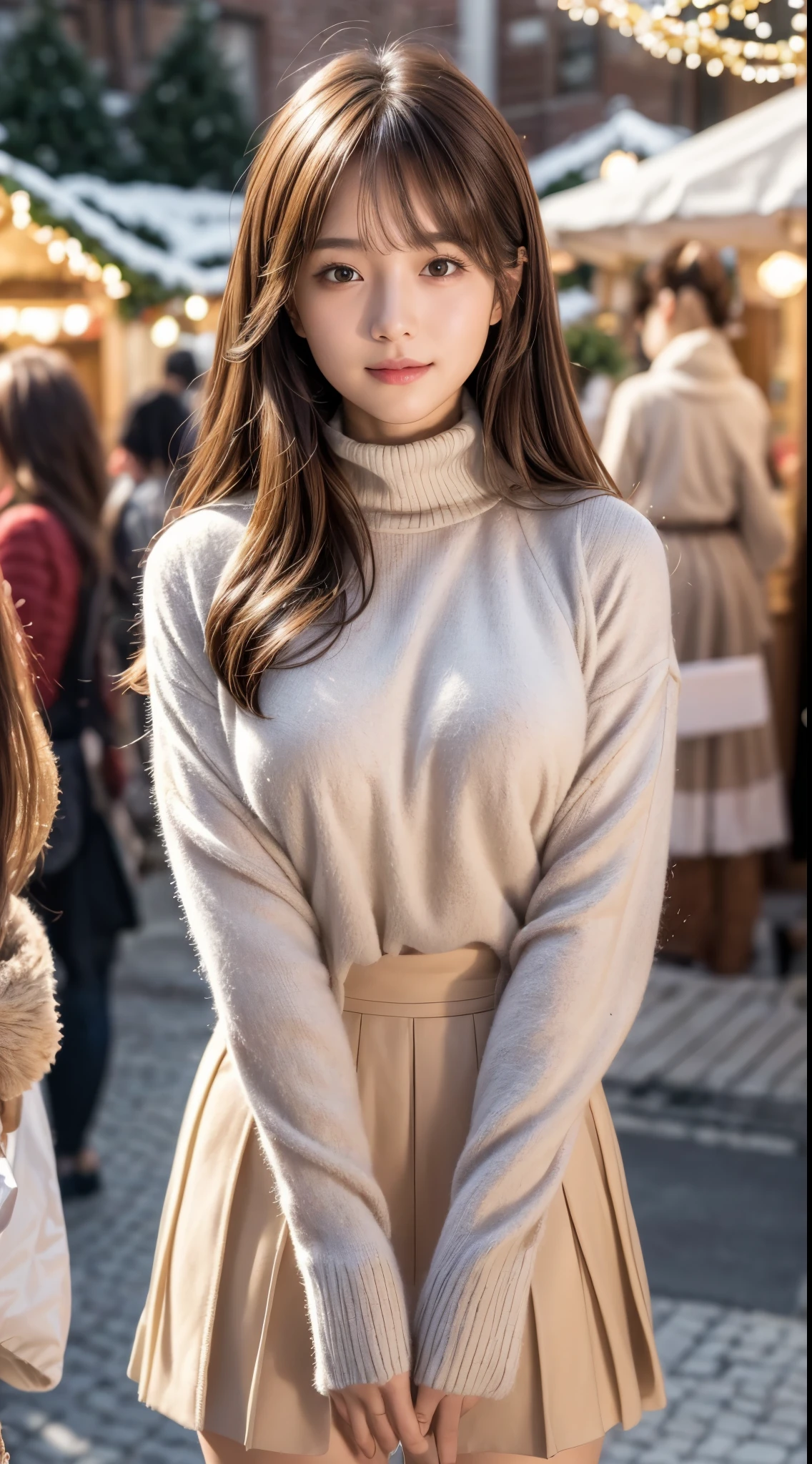 (8k,masterpiece, RAW photo,best quality:1.4),(photo realistic:1.2),(extremely detailed face),(shiny skin),(detailed skin),(detailed face),(extremely beautiful face),1girl,looking at viewer,Japanese idle(actress), brown hair,medium hair,straight hair,asymmetrical bangs,smile,glamor,large breasts, (Fleece jacket, turtleneck sweater, Pleated skirt:1.2), christmas market,high position,professional lighting