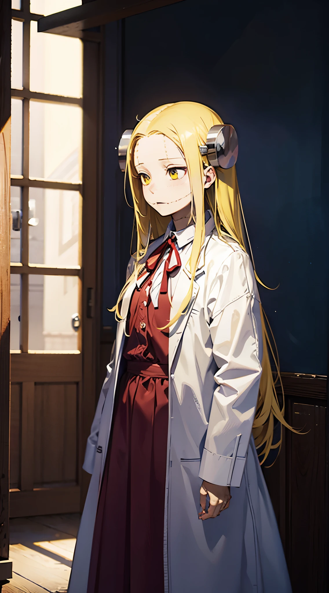 Madaraki_Fran,A  girl ,stands,concerned,the madhatter ,surgeon ,Holds out his hands,worries about the patient, hairlong , yellow hair,seams , Scars on the body , A creepy look , scary eyes , An intimidating look , creepy smile , bags under eyes, ((((Tired))))