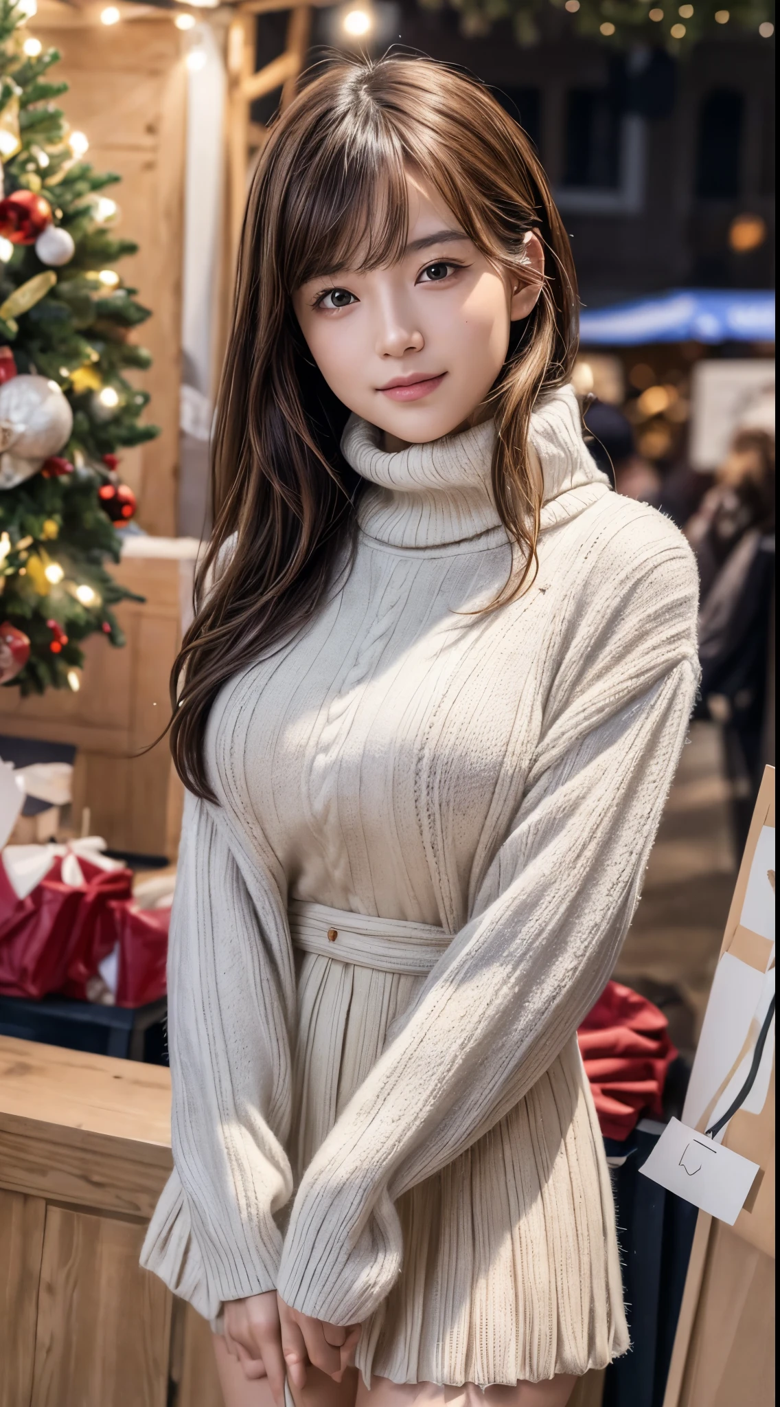(8k,masterpiece, RAW photo,best quality:1.4),(photo realistic:1.2),(extremely detailed face),(shiny skin),(detailed skin),(detailed face),(extremely beautiful face),1girl,looking at viewer,Japanese idle(actress), brown hair,medium hair,straight hair,asymmetrical bangs,smile,glamor,large breasts, (Fleece jacket, turtleneck sweater, Pleated skirt:1.2), christmas market,high position,professional lighting