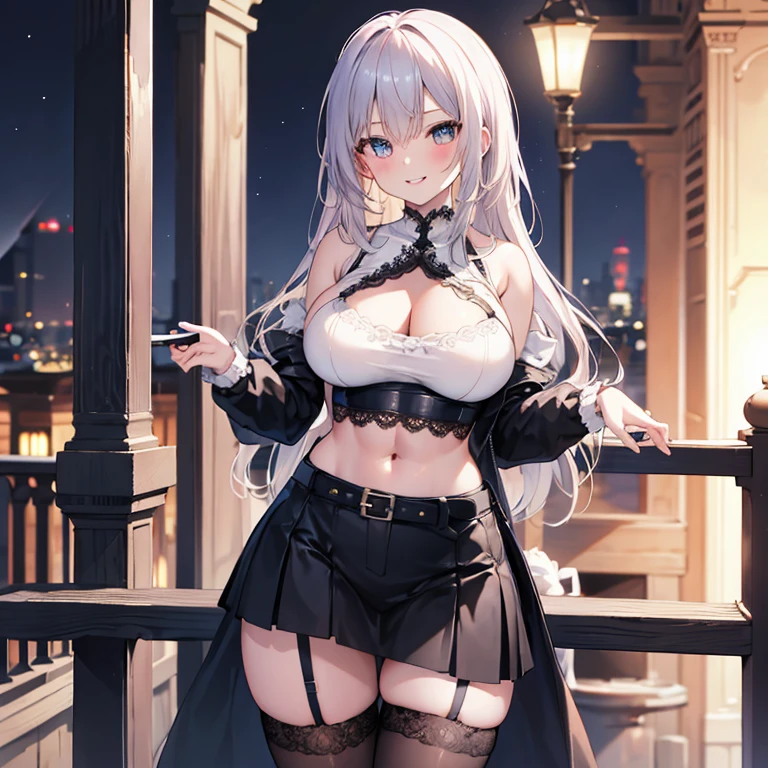 (masterpiece), best quality, highly detailed, depth of field, high saturation, high contrast, focused, 8k UHD, ultra-high resolution, ultra-high definition, extremely detailed CG unity 8k wallpaper, HDR, DLSR, RTX, Ray tracing, best shader, best shadows, best texture quality, detailed textures, absurdres, intricate, detailed scenery, life-like scenery, cowboy shot, 
BREAK,
expressive eyes, perfect face, distinct facial features, proportional body, 1girl, hourglass body, , fit body, toned body, (abs:0.7), navel, midriff, massive ???????, round ???????, narrow ????, low ????, pale skin, pink lips
BREAK,
((standing on balcony at night)), ((contrapposto)), outdoors, midday sky, dim lighting, city scenery, starry sky, serious grin, happy, 
BREAK, 
((lace)),black crop top, long sleeve, skirt, belt, tighhighs, stockings, zettai ryouiki, garter straps, 
BREAK,