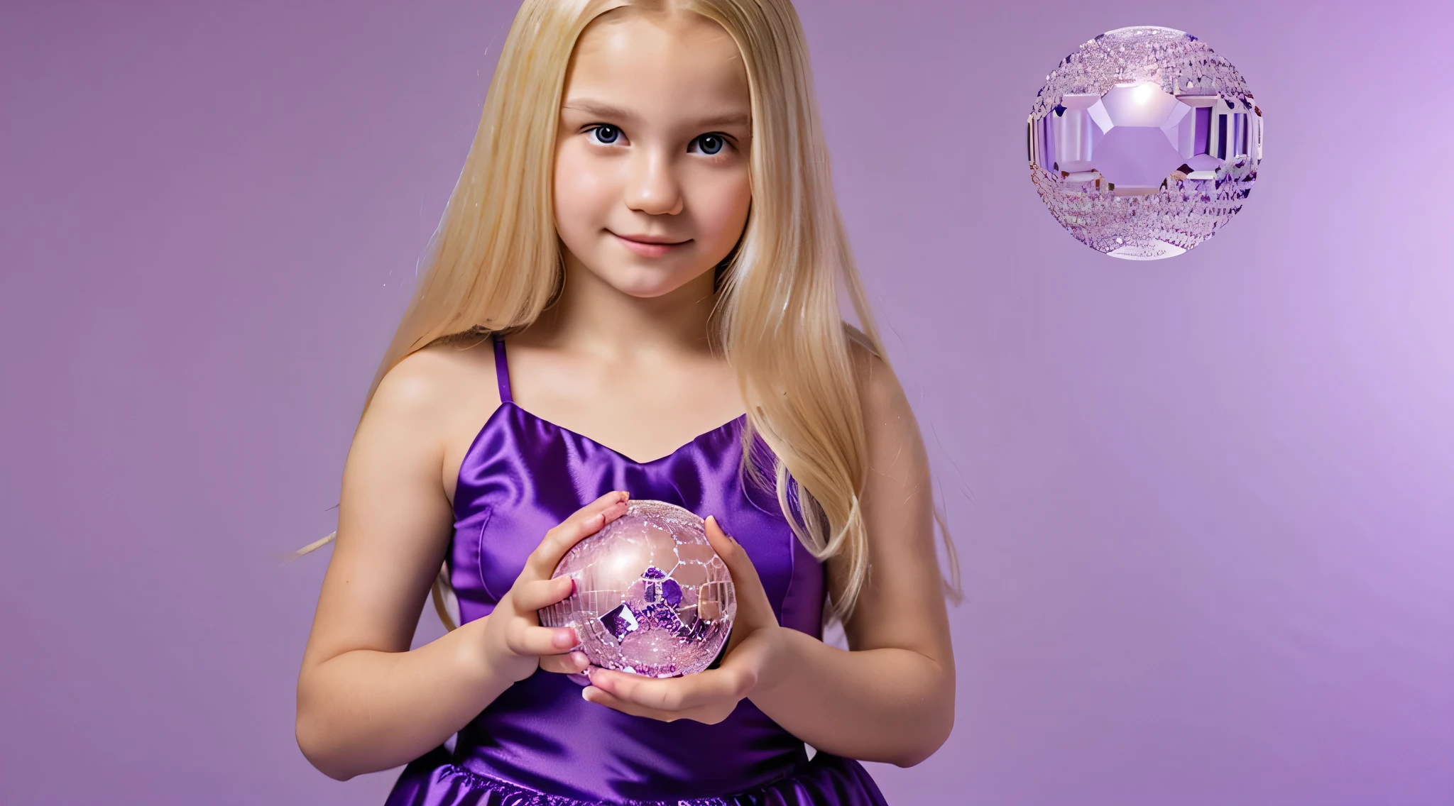 BLONDE CHILD GIRL in purple dress holding a bola de cristal in her hands, holding a bola de cristal, bola de cristal, uma mulher segurando um orbe, adivinho,