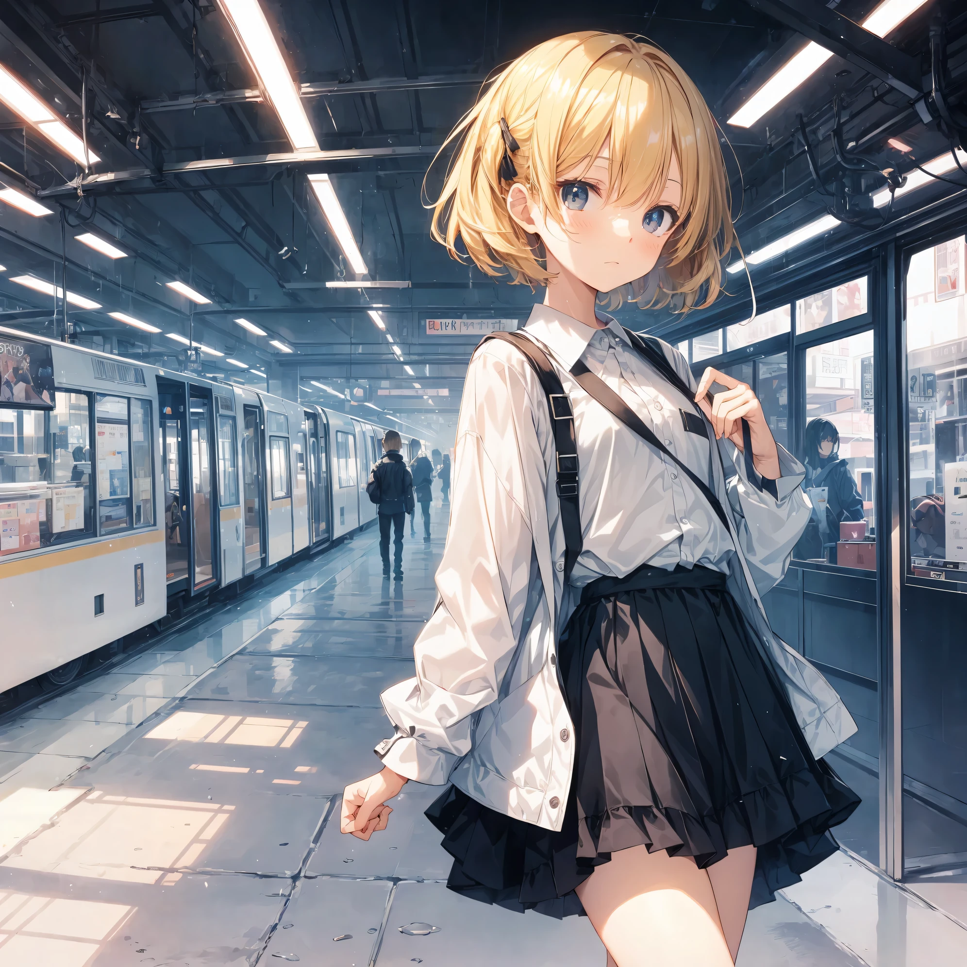 Super high quality by the art god, Ultra-detailed, High resolution, anime moe art style, best anime 8K konachan wallpaper, Pixiv Contest Winner, Perfect Anatomy, BREAK,(Please draw a sleepy girl going to school alone.. ),BREAK, 1girl in, (Solo,Lori,child,13years:1.3),Full limbs, complete fingers,a junior high school student, Androgynous attraction, (Very short hair), hair messy, flat chest, Small butt, groin, Small eyes,Beautiful detailed black eyes, Well-proportioned iris and pupils, disgusted eye, High resolution detailed hair, School uniform, Skirt,  On the way to school. BREAK,Ultra-detailed細なスキン, Best lighting by famous artists, 8K,Cute illustration,
