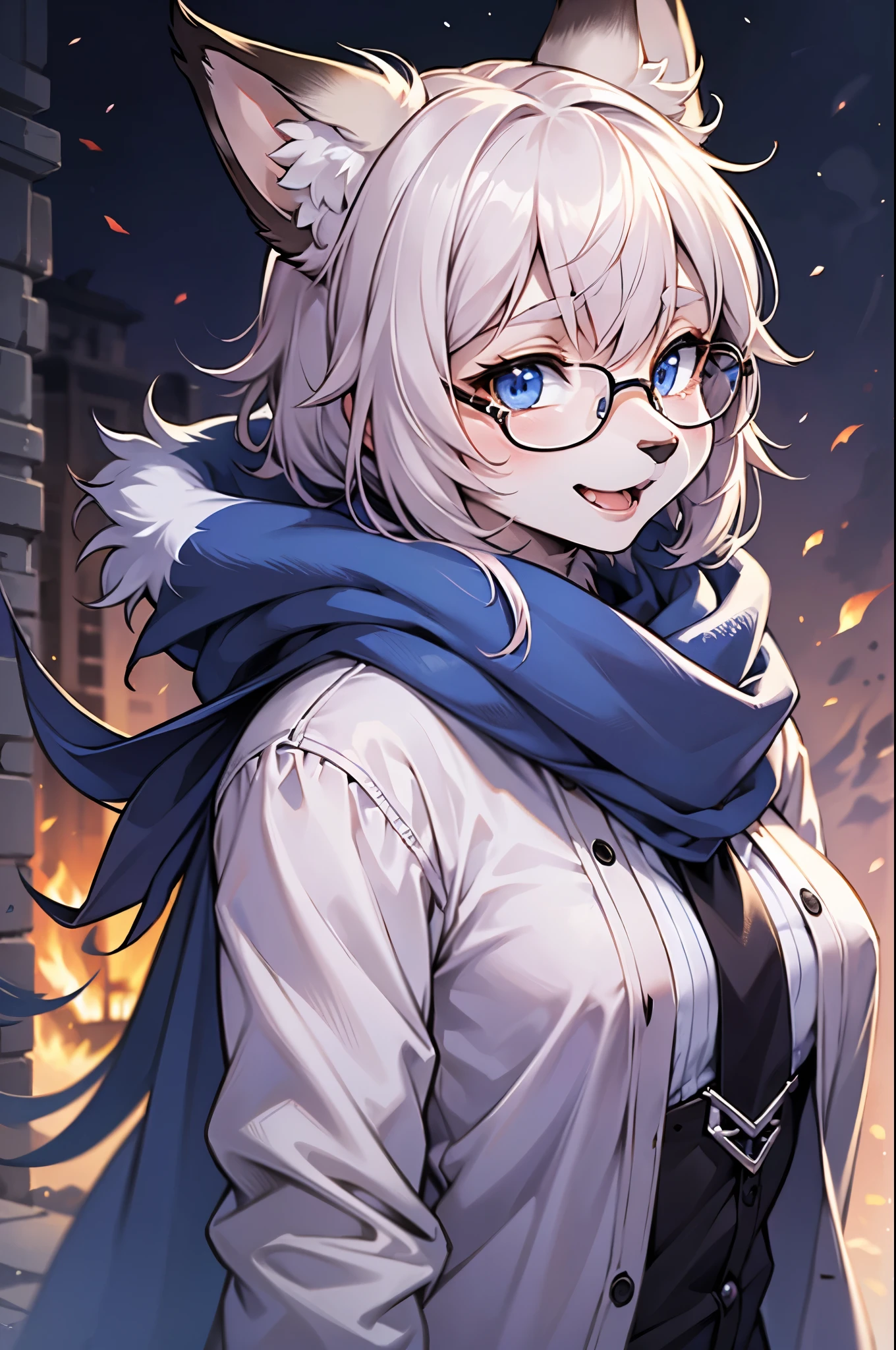 (Best quality at best,8K,A high resolution,tmasterpiece:1.2),ultra - detailed,人物,Put on a white coat,wear blue scarf,Blue fur resembling arctic fox ears,Wear half-rimmed glasses,furry artist,Cute anime art style,professional furry drawing,femele