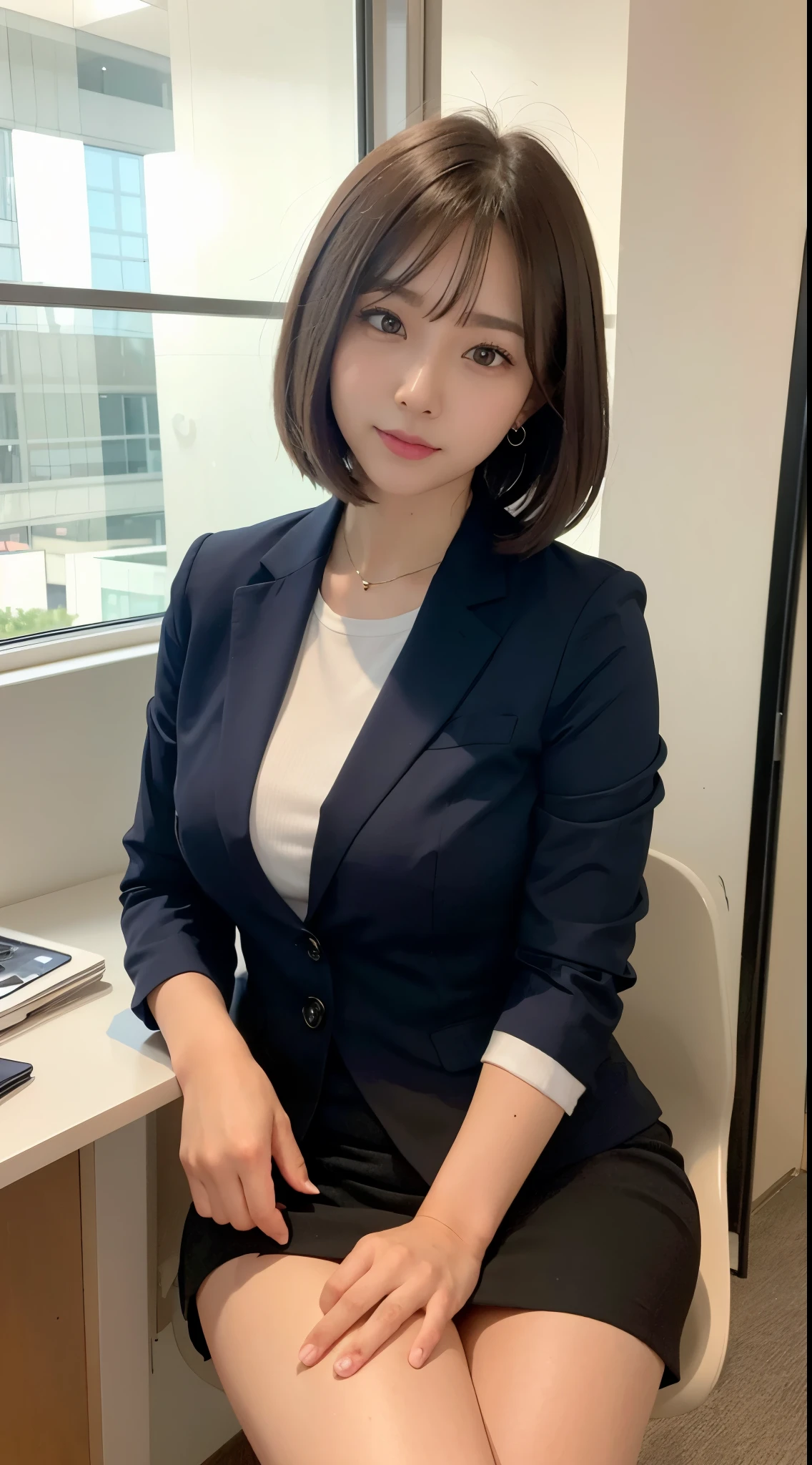 She has brown bob cut hair、Brown eyes、A strong-willed office lady、Office lady in business suit、