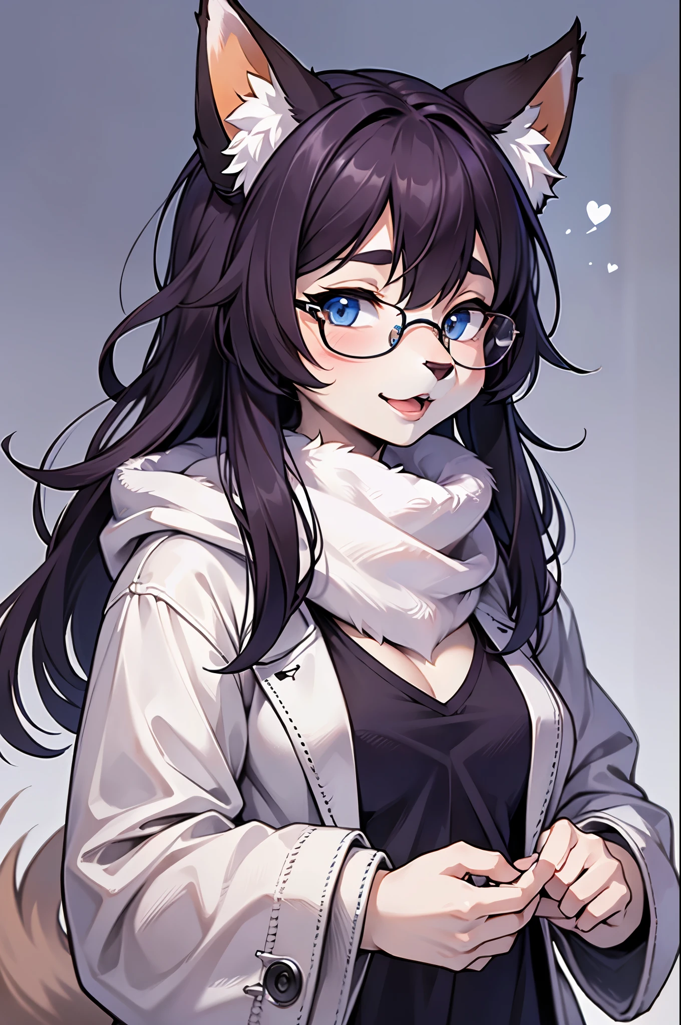 (Best quality at best,8K,A high resolution,tmasterpiece:1.2),ultra - detailed,人物,Put on a white coat,wear blue scarf,Blue fur resembling arctic fox ears,Wear half-rimmed glasses,furry artist,Cute anime art style,professional furry drawing,femele