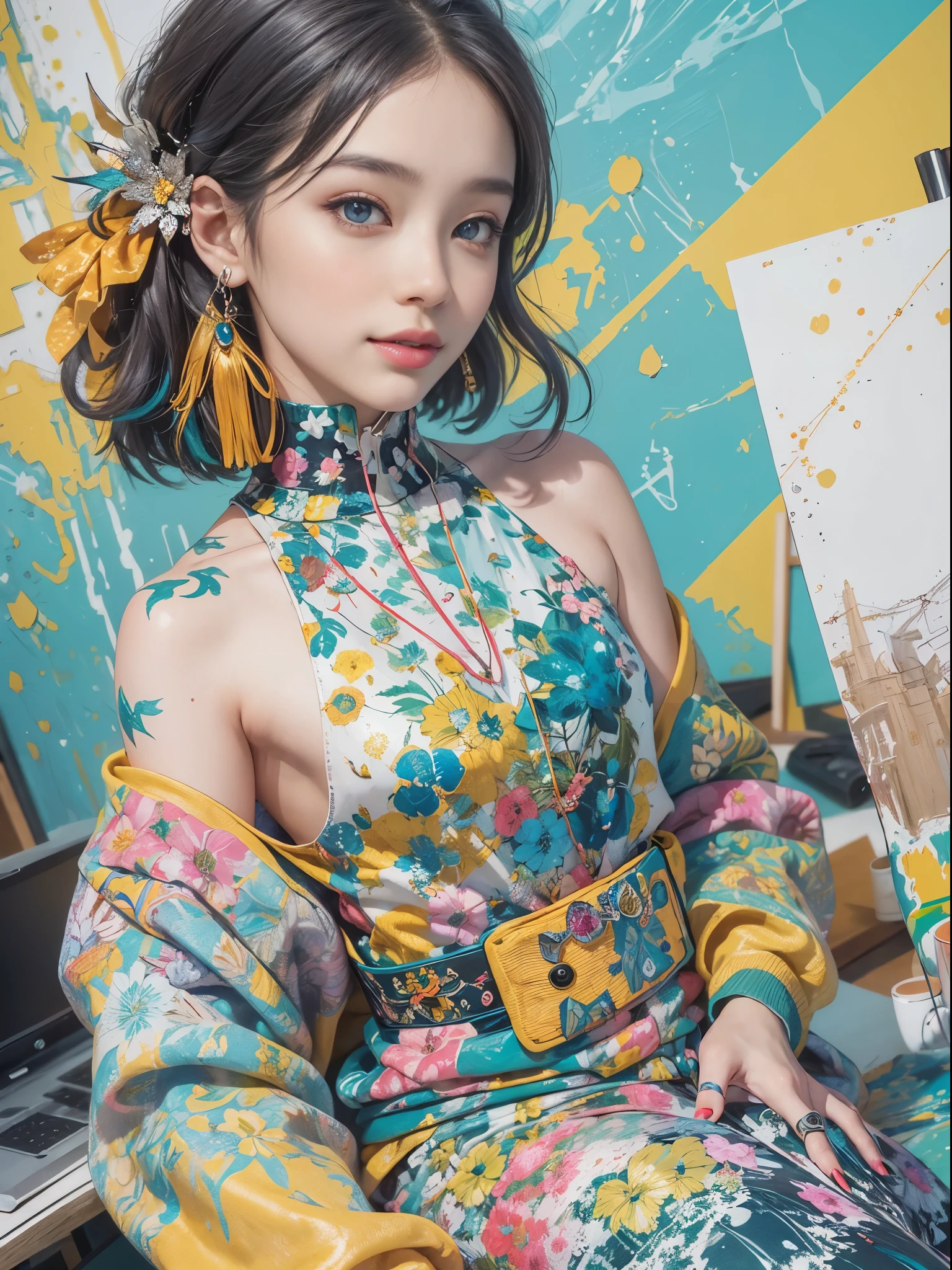 (Digital art, Geometrical art, official art, beautiful and aesthetic, ultra detailed, beautiful, masterpiece, best quality:1.6), (1girl:1.2), Detailed face, Detailed eyes, Detailed hair, young fingers, Detailed fingers, five fingers, sitting,
_
BREAK cute ig model, Japanese cute model, 22 years old, Tightened all body, small head, small face, small mouth, diamond Face, small nose, Sharp Faceline, (dropy eyes, Double eyelid, Light color eyes, Glossy eyes, Shiny eyes:1.2), Shiny skin, colorful hair, shiny hair,
_
BREAK (happy, smile, Teeth, Glossy Lips), beautiful Teeth, (upper body:1.5), from front,
_
BREAK (oversize, colorful paint sweatshirt:1.2), body paint, (colorful Enamel high-cut Sneakers:1.2),