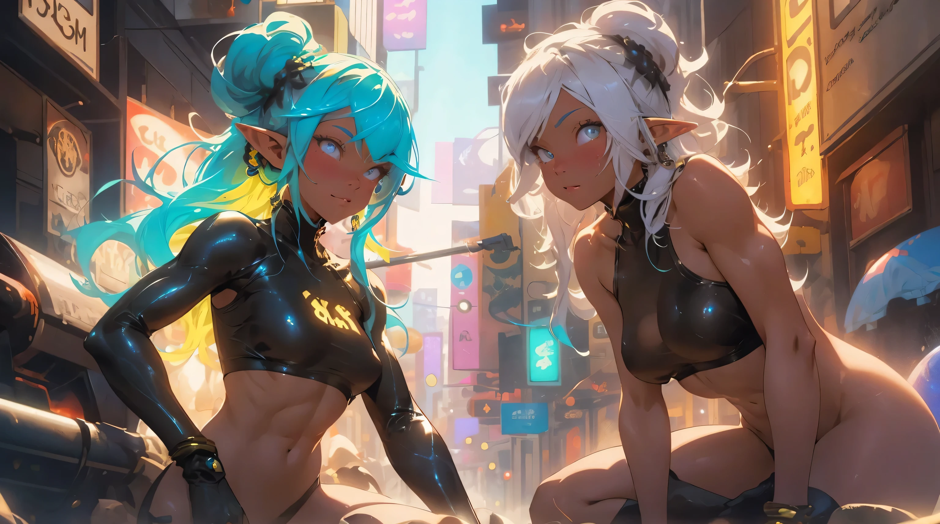 two beautiful girl elf, neon rainbow hair, space buns, no clothes, no pants, city, psychedelic color city, cyberscape, hanging out, cute faces, extreme abs, very developed ab muscles, exposed body, nudist, futuristic, neon signs, beautiful sunset, giant mecha robot, super pretty, unnatural grace, super beautiful, giant black and gold octopus tentacles touching characters, jewlery