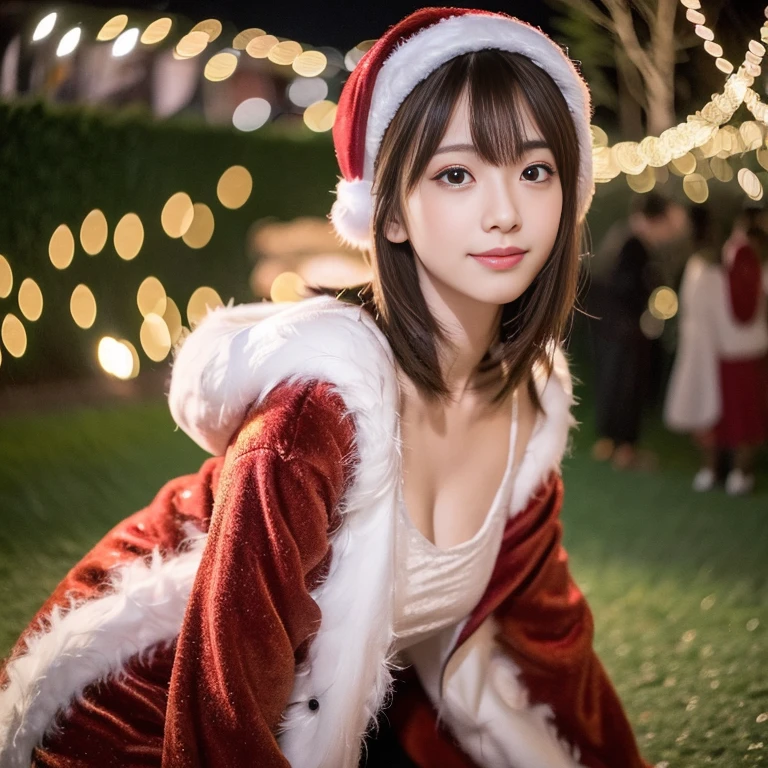 tre anatomically correct,Masterpiece of,High image quality,(Red costume),(Cute Santa Claus costumes:1.5),(The material of the costume is fine velvet:1.4), (The white fur part of the costume is mink, Accentuate the fluffiness:1.4),(Random posture:1.4),Professional Lighting,The ultra-detailliert,High quality textures,High quality shadows,depth of fields,Ray traching,Christmasツリー, Christmas,Fun atmosphere,Twinkling lights,Cozy,romantic,Cheerful,Warmth,Happiness,Magical,Holiday spirit, Ultra-realistic capture, Highly detailed, 人間の皮膚のhight resolution16kクローズアップ,Skin texture must be natural, Detailed enough to finely identify pores. Skin should look healthy, In a uniform tone,(Best Quality,4K,8K,hight resolution,masutepiece:1.2),Ultra-detailed,extremely detailed eye and face,Beautiful detailed eyes,Beautiful detailed lips,long eyelashes,(Realistic),Photorealistic:1.37,japanes,fine-grained white skin,beautiful and magnificent composition,masutepiece,Attractive,Cute,Silky smooth and straight hair,Sharp Focus,drinking mulled wine,I'm drunk,(with round face),(healthy thigh body photo),(Full-body photography from a distance:1.4),((Silver hair color)), There was joy and excitement in her eyes.,,(夜のChristmasマーケット),(Lit up)