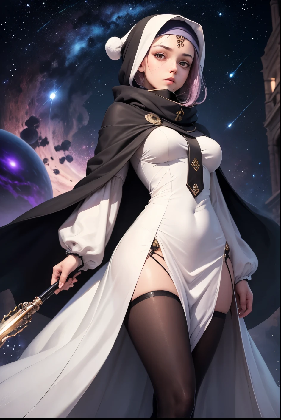 Cute girl, A girl wearing a white turban, a long black abaya, Purple clothes, Black cloak, white turban, Planets and galaxies in the background , sexy