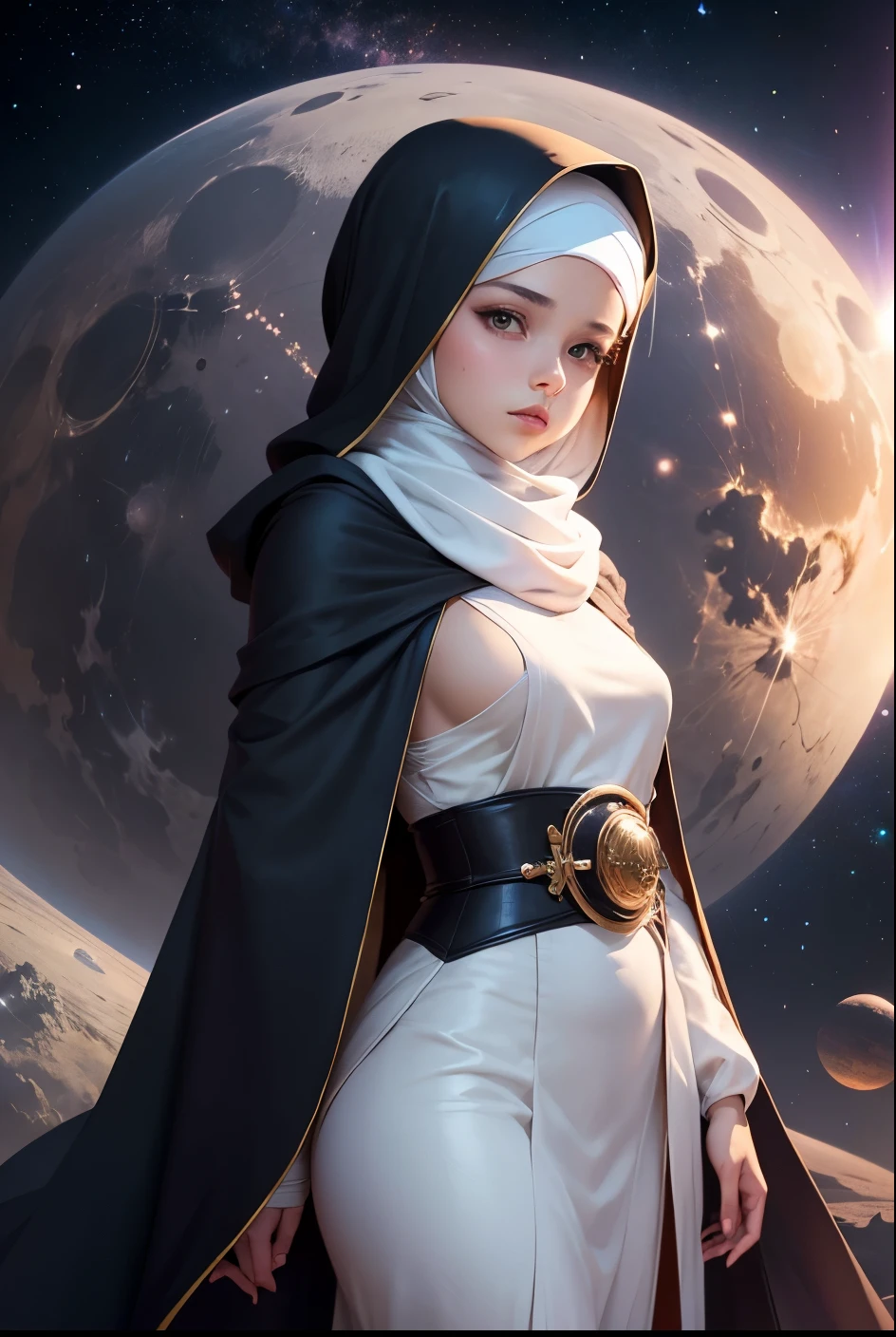 hijabi, sideboob, 1girl, beautiful face, ((white eyes)), sexy pose, spaceship in the background, stars, space, (lightroom:1.13), soft light, (natural skin texture:1.2), (hyperrealism:1.2), sharp focus, focused