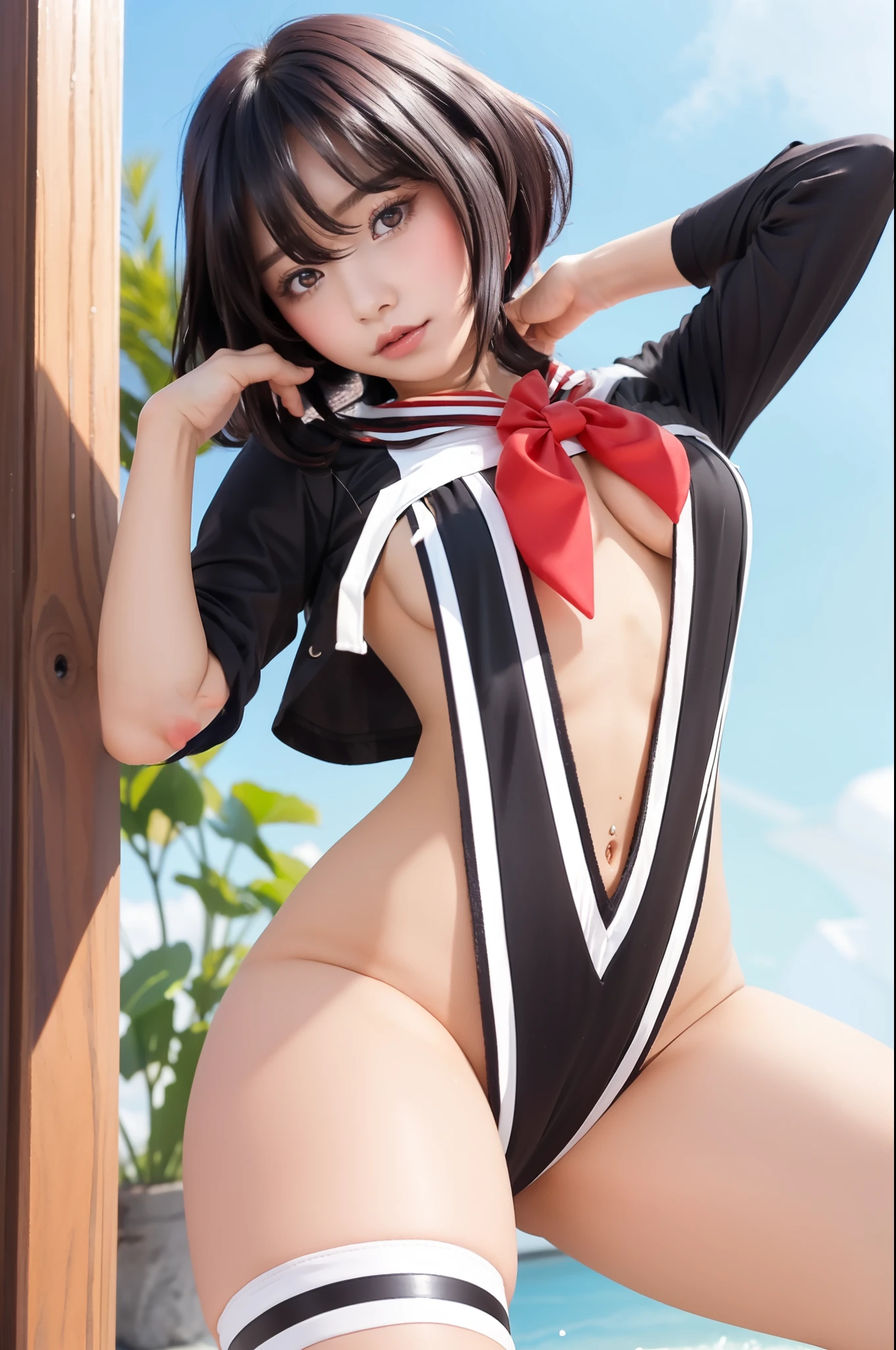 Photorealsitic:1.5、realisiticな、18-year-old gravure model、the perfect body、1人、独奏、School crass room、Knees on the floor、(underboob:1.5、Ultra Micro High Leg) 、masterpiece、top-quality、realisitic、Hyper-detailing、(shinny skin、A dark-haired:1.8)、absurderes、Looking at the camera、Brown-eyed、A slender、动态照明、hight resolution、foco nítido、depth of fields、A detailed eye、Beautiful big eyes、realisiticなおっぱい:1.4)、(skinny thigh:1.2、red blush)、