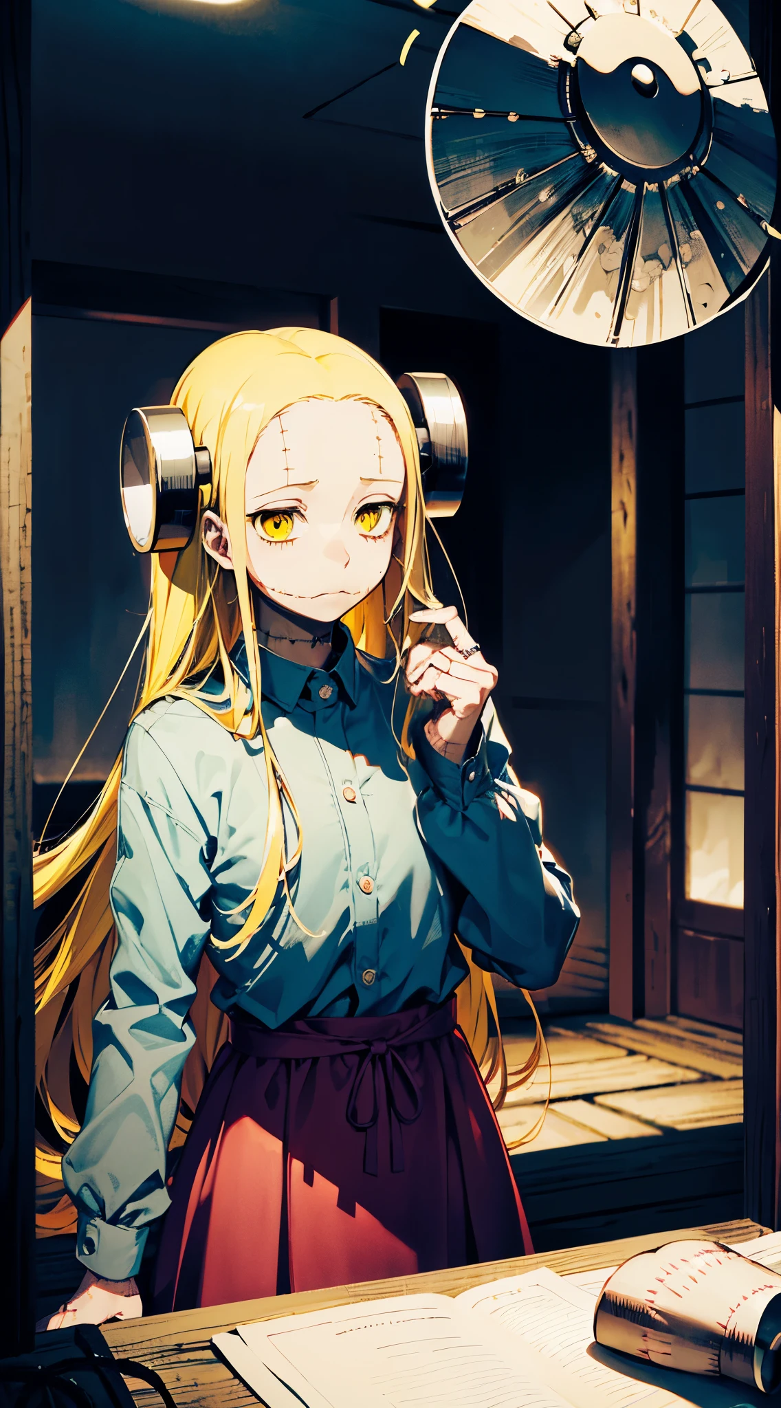 Madaraki_Fran,A  girl ,stands,concerned,the madhatter ,surgeon ,Holds out his hands,worries about the patient, hairlong , yellow hair,seams , Scars on the body , A creepy look , scary eyes , An intimidating look , creepy smile , bags under eyes, ((((Tired))))