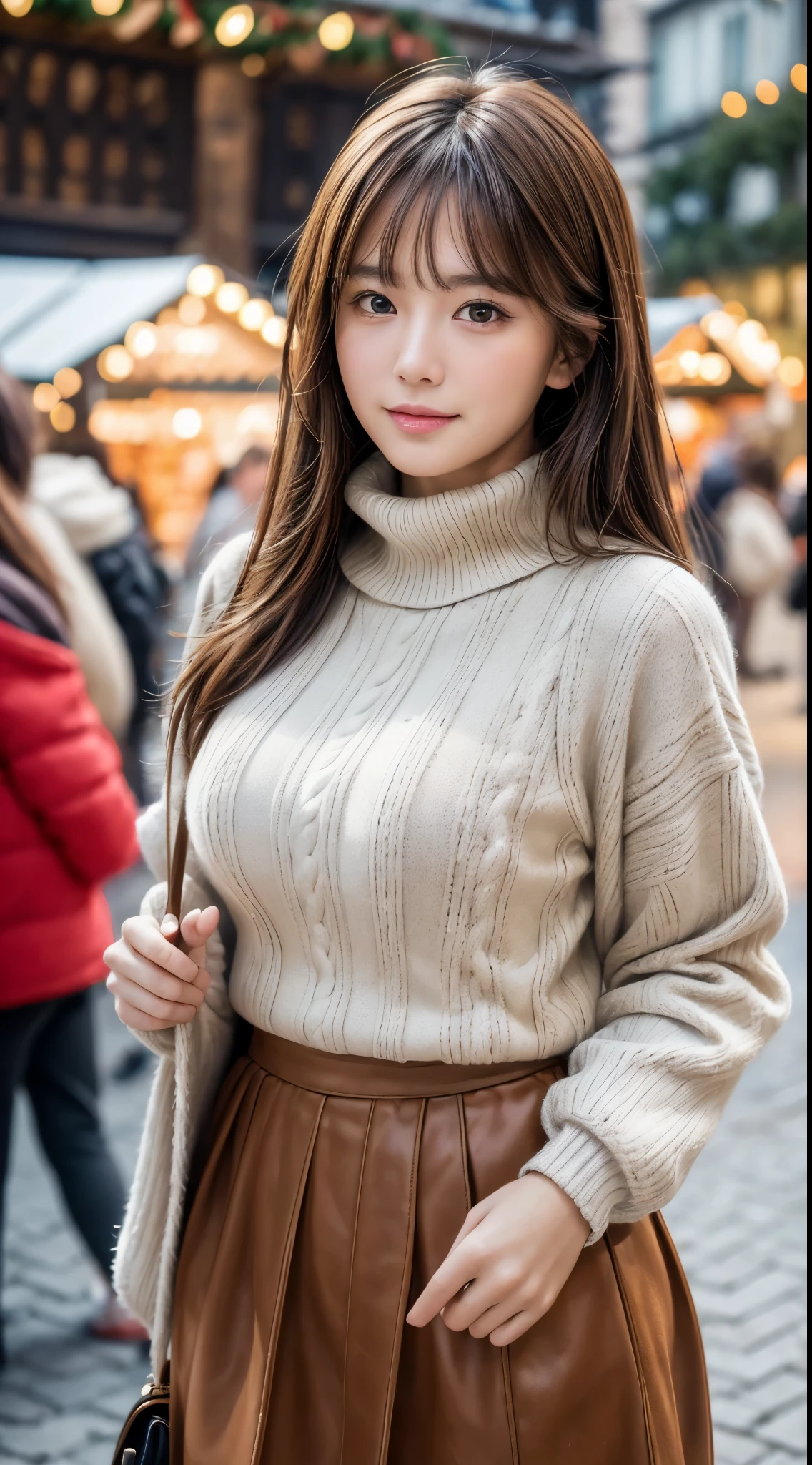 (8k,masterpiece, RAW photo,best quality:1.4),(photo realistic:1.2),(extremely detailed face),(shiny skin),(detailed skin),(detailed face),(extremely beautiful face),1girl,looking at viewer,Japanese idle(actress), brown hair,medium hair,straight hair,asymmetrical bangs,smile,glamor,large breasts, (Fleece jacket, turtleneck sweater, Pleated skirt:1.2), christmas market,high position,professional lighting