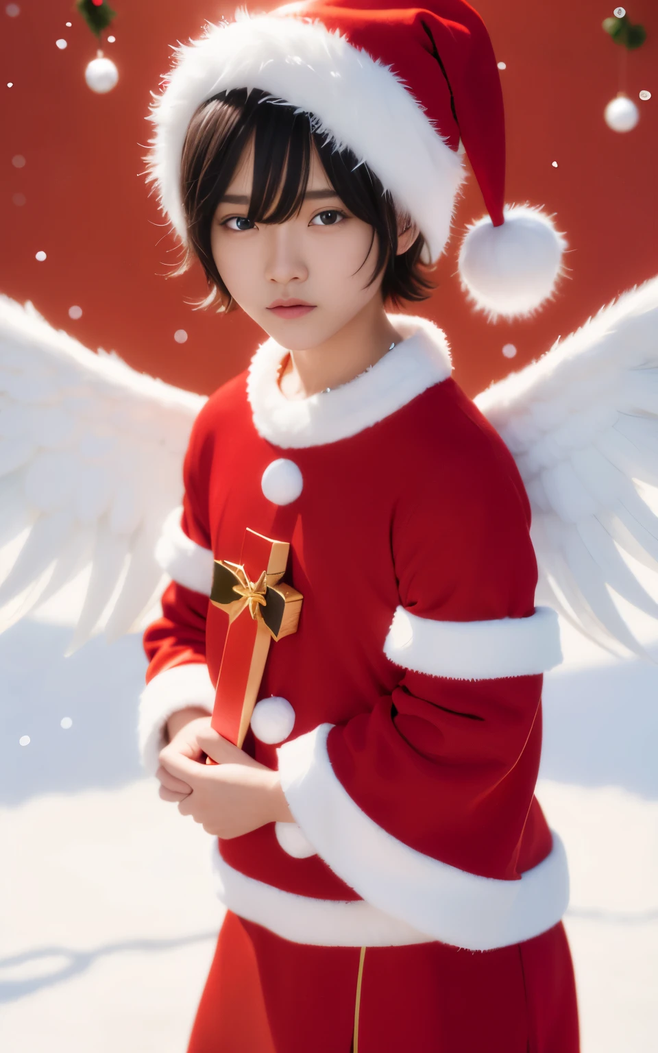 top-quality, 8K, ultra-detailliert, Pixar, (1 male:1.3), 22year old, Angelic appearance, (Short-haired black hair:1.5), Eyes are blue, Yancha Face, (With keen eyes:1.5), (Bad eyes:1.5), A smile, twinks, Bad character, (Little white angel wings:1.5), Wearing a cross necklace, (angelic red santa costume:1.5), (Red Santa Hats), 独奏, Bangs, male people, Joining hands, Face-centric