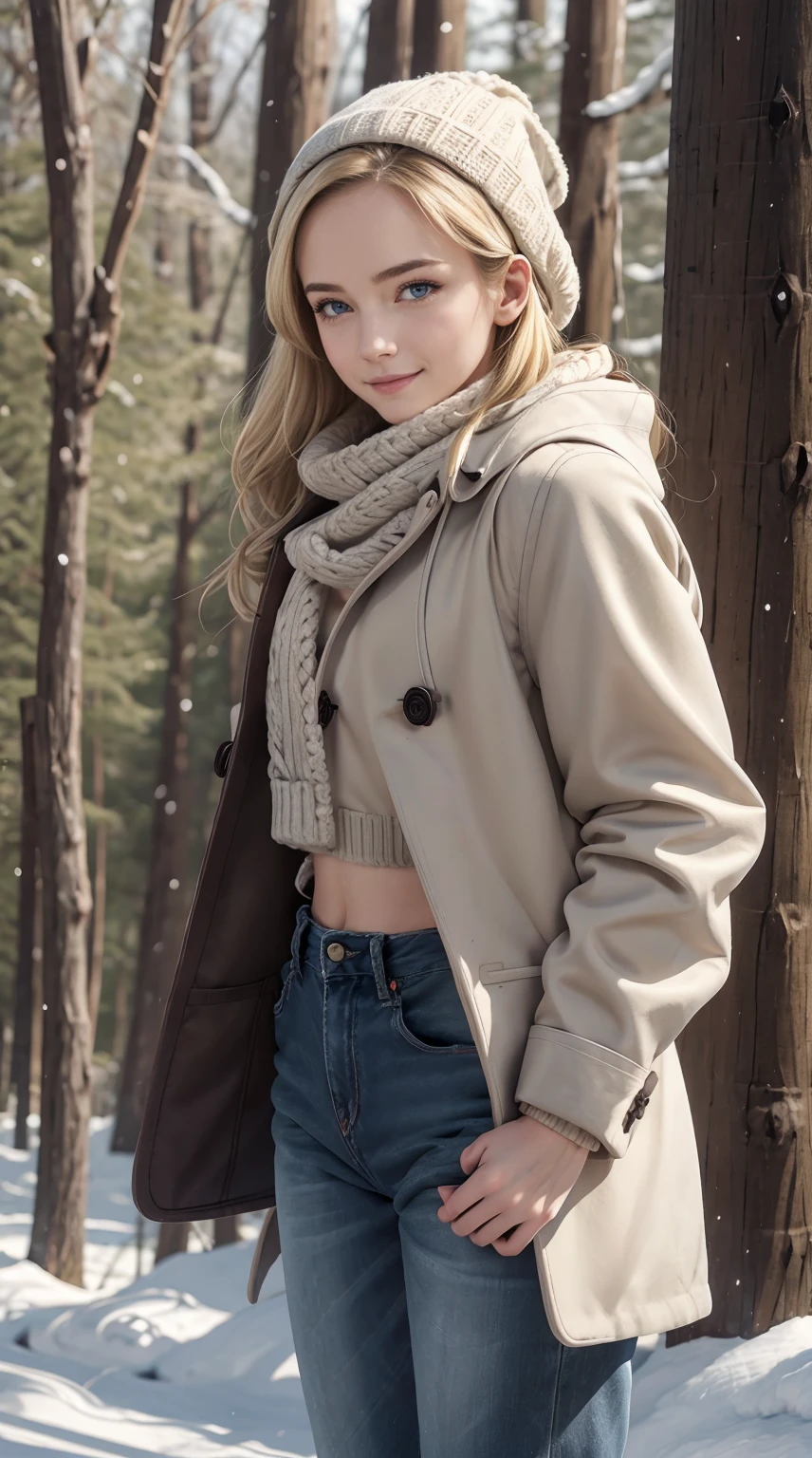 24-year-old Caucasian woman、Hair is blonde、Eye color is blue、Semi-long、Slender but well-proportioned muscular man、wearing a neck warmer、wearing a duffel coat、wearing a sweater inside a duffel coat、I'm wearing jeans、I&#39;m on a promenade in a snowy forest、a smile、wearing a woolen hat