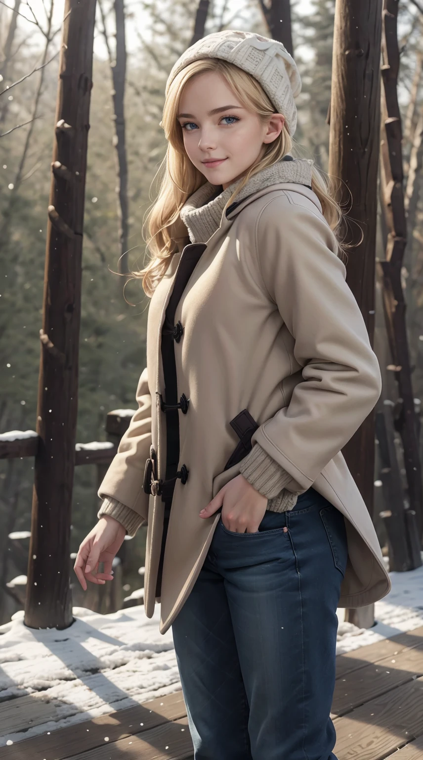 24-year-old Caucasian woman、Hair is blonde、Eye color is blue、Semi-long、Slender but well-proportioned muscular man、wearing a neck warmer、wearing a duffel coat、wearing a sweater inside a duffel coat、I'm wearing jeans、I'm on a promenade in a snowy forest、a smile、wearing a woolen hat