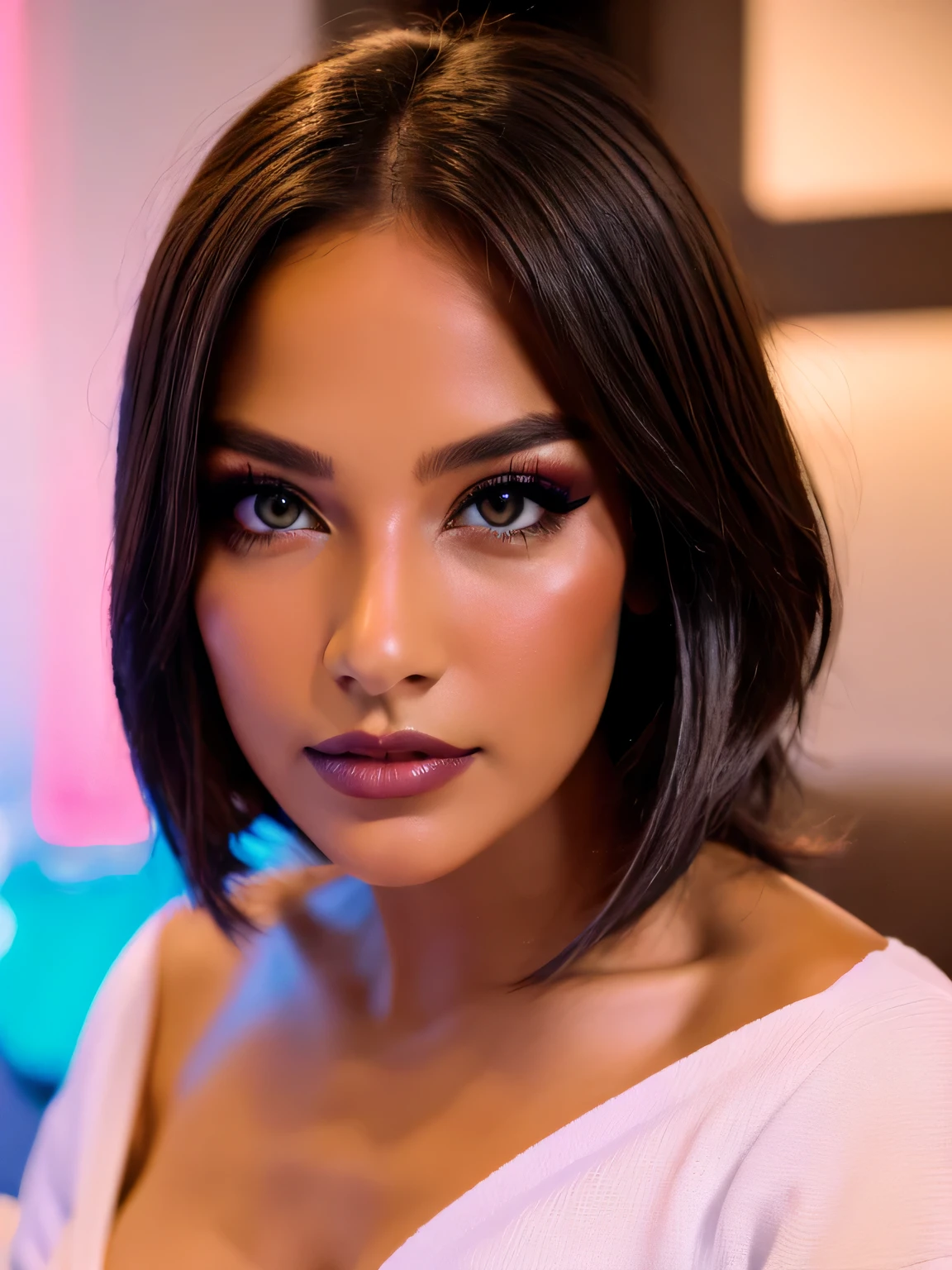 perfect digital image, beautiful glamour model, silver hair, shoulder length, ((brown eyes)), ((dark eye make up)), pink lipstick. looking at the camera, background plain white, style playboy, Nikon D850, ISO 200