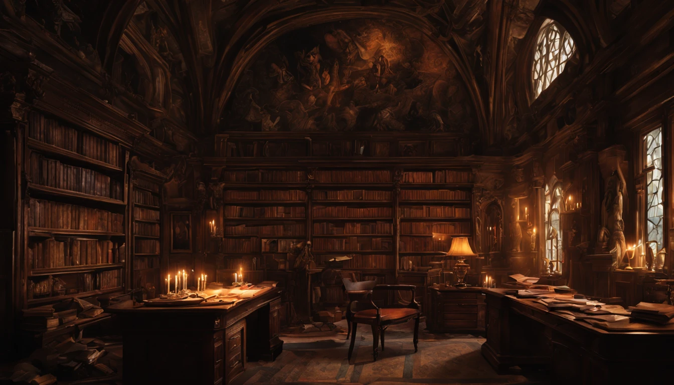 In a tall dark room, with gothic style, Faust is sitting on a chair, unsettled, surrounded by books and lab equipment. The atmosphere is filled with an eerie sense of mystery and anticipation. The room is dimly lit, with flickering candlelight casting eerie shadows on the old, dusty walls. The air is heavy with the smell of ancient parchment and the faint scent of potions. In the center of the room, there is a large wooden desk covered in open books, scrolls, and scientific instruments. The desk is cluttered with notes and sketches, showcasing Faust's insatiable thirst for knowledge and his tireless pursuit of forbidden wisdom. The shelves lining the walls are filled to the brim with dusty tomes and occult artifacts. The room is a sanctuary of knowledge, a place where Faust delves deep into the realms of alchemy, philosophy, and the arcane. With meticulous attention to detail, his study is adorned with intricate tapestries and ornate, gothic decorations. The walls are adorned with ominous paintings and dark stained glass windows, allowing only a sliver of moonlight to filter in. Faust is wearing a long, flowing robe, adding to his enigmatic presence. His face is hidden in the shadows, but his piercing eyes reflect his intense passion and determination. As he sits at his desk, lost in his thoughts, the flickering candlelight casts a haunting glow on his face. The room is a masterpiece of gothic architecture, a testament to Faust's obsession with unraveling the secrets of the universe. Every corner of the room exudes an aura of mysticism and forbidden knowledge, transporting anyone who enters into a realm of dark enchantment. The image is captured in the highest quality, with every minute detail meticulously rendered. The colors are vivid, the textures are rich and lifelike. It is a photorealistic representation of Faust's study, bringing to life the haunting beauty and intricate darkness of this extraordinary setting.