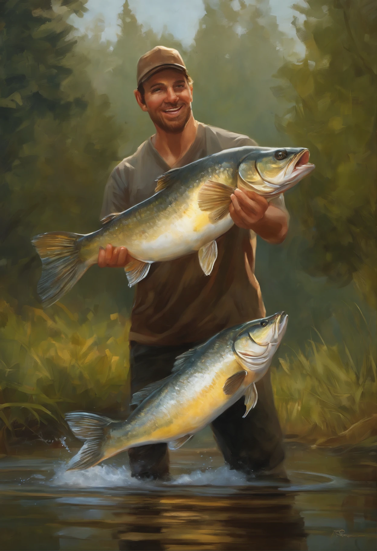 painting with fish, jumping out of a pond, fisherman catching fish, rob rey, based on Sam Spratt, inspired by Brian Despain, Inspired by Mark Keatley, Concept art oil painting, stefan koidl inspired, Jason Benjamin, Epic oil painting, realistic fantasy illustration, beautiful illustration, inspired by Ryan Barger, Justin Gerard
