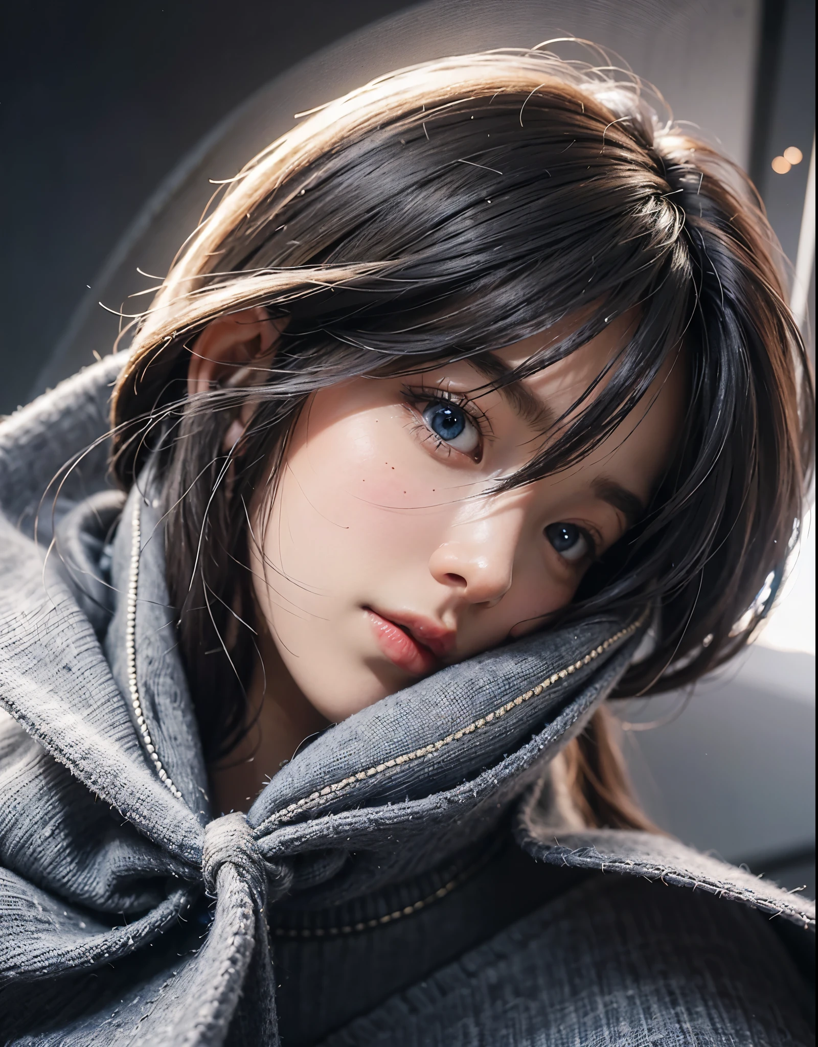 An ultra-high picture quality、(((From below:1.6)))japanes、1 woman around 20 years old、Black hair、short-cut、Beautiful face with blue eyes、A detailed face、Detailed eyes、realisticeyes、Detailed skin、realskin、Detailed hair strands、dishevled hair、disheveled hair、Slim body、Beautiful body、styles、In a moonlit room、((Sit on both knees))、on the beds、Put your face on your lap、((tilted my head to the side))、((Sad look))、(room at night)、