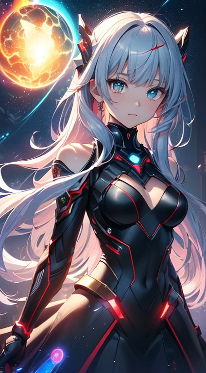 Imagine you are an accomplished graphics designer, tasked with creating an illustration with a futuristic theme featuring a character named "GAIMIN." This dynamic figure dons a sleek, high-tech suit emblazoned with his name in bold, metallic letters. The suit reflects vivid, neon colors against the backdrop of a hyper-realistic cityscape, shaped by intricate patterns and delicate details. The scene is set against the evocative backdrop of a twilight sky, peppered with stars and a vibrant, orange sun slowly descending beyond the horizon. The low angle of the camera captures GAIMIN's determined expression and the subtle red blush on his cheeks, as