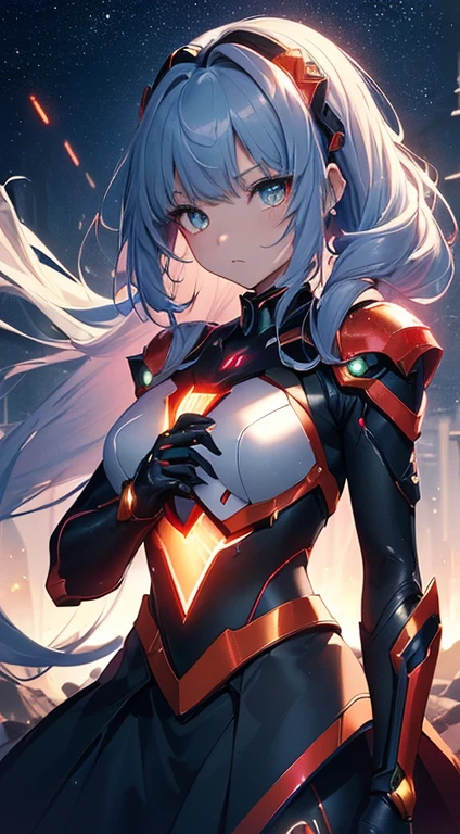 top-quality、Top image quality、masterpiece、Android Girl((sixteen years old、 A black,And the red and white glowing cybersuit、Blue energy source for the chest,Best Bust、Bust 90、long gold and silver hair、Cyber Skirt、Blue-green eyes、open chest wide、Valley、Happiness、A slender、Mysterious face、mid airを漂う,Particles of light、Sharp claw arm,battered body、mid air、Glowing eyes、Hold out your hands))hiquality、Beautiful Art、Background with((mistic、Fantastic Universe))、masutepiece、Elaborate design、visualart、Theatrical films