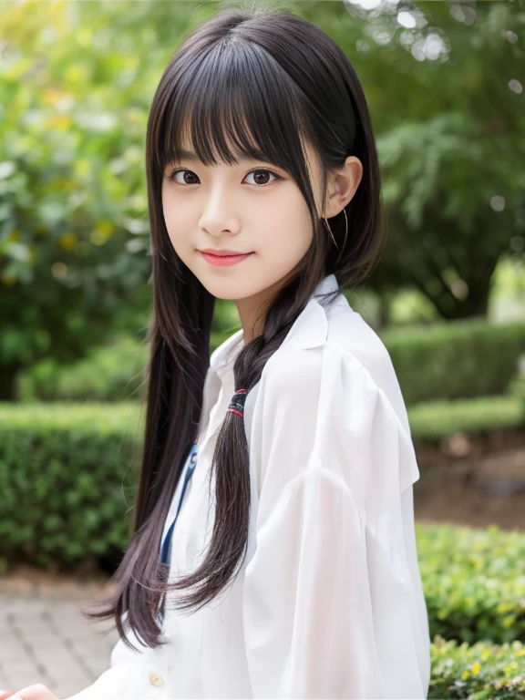 1 girl, Solo, japanaese girl, middle school girl、12 years old, (Best Quality, Photorealistic, High resolution, 8K, Ultra-detailed, Detailed face, Shiny skin), Black hair, choppy bangs, Ponytail,(Full body shot,Show the inner thigh、Show your face),(not any dressed:2)