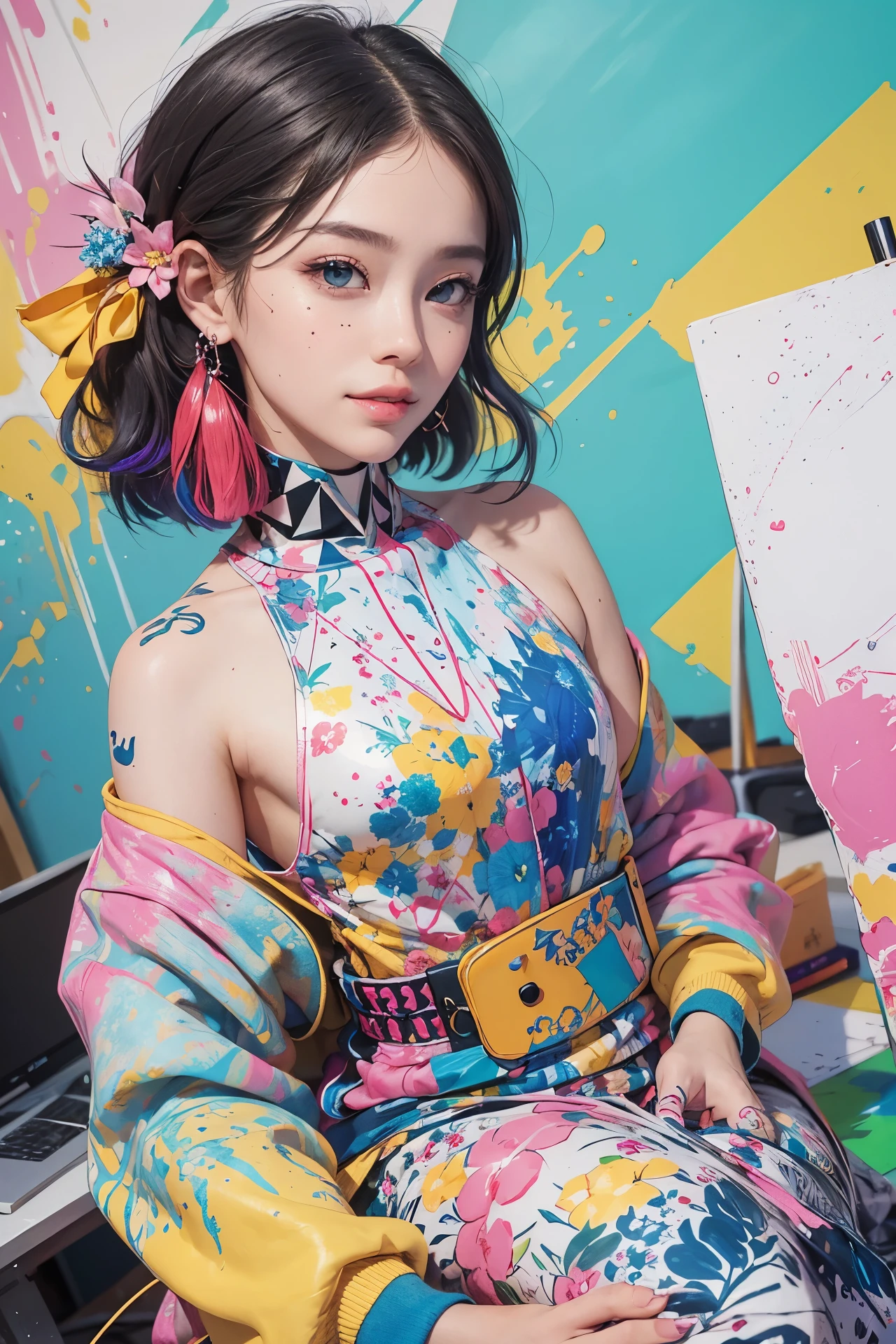 (Digital art, Geometrical art, official art, beautiful and aesthetic, ultra detailed, beautiful, masterpiece, best quality:1.6), (1girl:1.2), Detailed face, Detailed eyes, Detailed hair, young fingers, Detailed fingers, five fingers, sitting,
_
BREAK cute ig model, Japanese cute model, 22 years old, Tightened all body, small head, small face, small mouth, diamond Face, small nose, Sharp Faceline, (dropy eyes, Double eyelid, Light color eyes, Glossy eyes, Shiny eyes:1.2), Shiny skin, colorful hair, shiny hair,
_
BREAK (happy, smile, Teeth, Glossy Lips), beautiful Teeth, (upper body:1.5), from front,
_
BREAK (oversize, colorful paint sweatshirt:1.2), body paint, (colorful Enamel high-cut Sneakers:1.2),