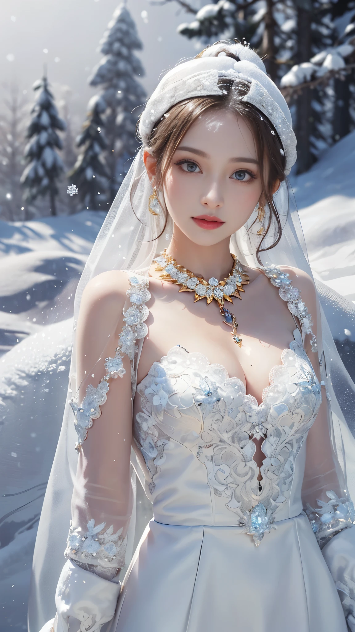 ((highest quality、table top、8K、best image quality、extremely complex and detailed depiction))、The most luxurious and highest quality giant tiara、The most luxurious and highest quality giant necklace、snow princess、fantastic snowy mountain、big and full breasts、skin as white as snow、glowing skin、Dresses that shine in silver、Elegant and beautiful pure white snow dress、elegant decoration、Diamond Decoration、artistic decoration、dress with lots of jewelry、Luxury beyond imagination、The most gorgeous decorations in the world、shining snow、Shining blizzard、Fantastic snowscape、Snow like a jewel、Diamond dust、The most realistic and complex backgrounds、Highly detailed and realistic backgrounds、A cold expressionless expression looking at me、pure white skin、pure white makeup、accurate anatomy、upper body photo、雪が積もったwood々、wood々A fantastic sunset shining through、beautiful spectacular sunset、It's snowing、Snow-covered mountains