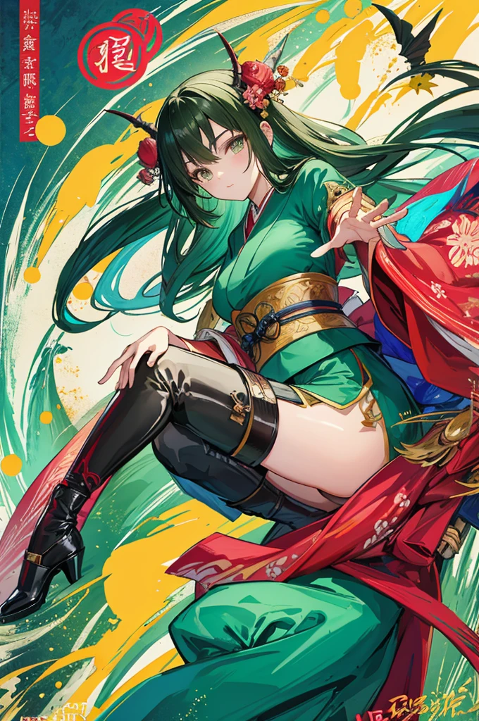 Japanese cartoon, Japanese cartoon girl, Green, brunette color hair, Eau, Green, Eaucolor, Yang Jie's photo, Pixiv Contest Winner, Fantasyart, beautiful avatar picture, human and dragon fusion, Artgerm and Atey Ghailan, demon slayer artstyle, Japanese cartoon fantasy illustration, Artgerm and Ruan Jia, Demon Slayer: Rui fan art, Japanese cartoon epic artwork