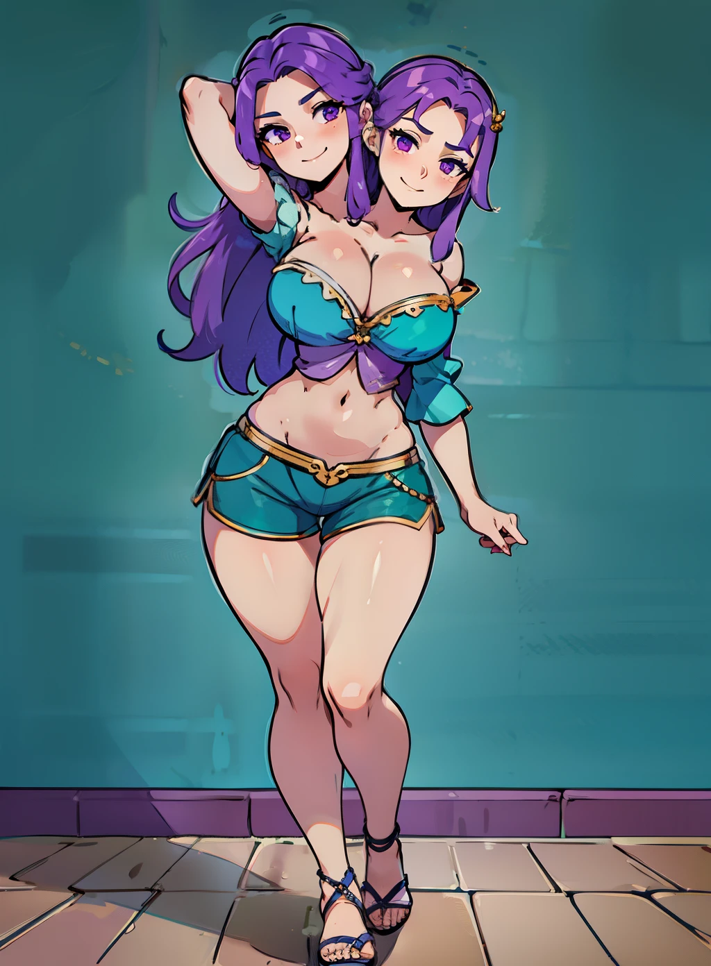 best quality, (masterpiece),(ultra-detailed), (high quality), (high resolution), (2heads:1.5) violet purple hair, large breasts, thighs, cleavage, shorts , full body,best quality:1.5, highres, UHD, 4K), medieval outfit, smiling, ((turquoise shirt)), wearing sandals, medieval castle background, ((full body)), detailed eyes, (mature woman)