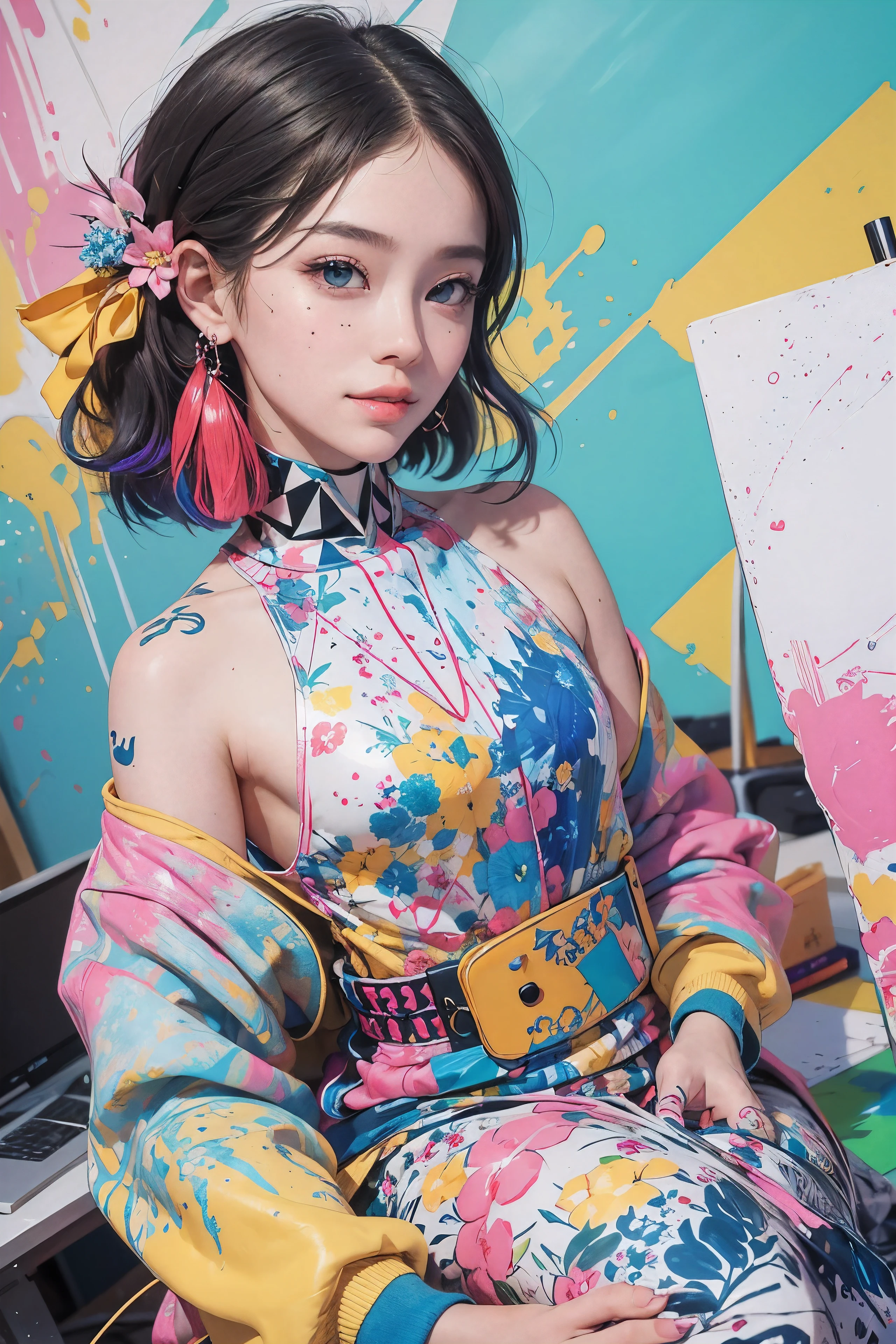 (Digital art, Geometrical art, official art, beautiful and aesthetic, ultra detailed, beautiful, masterpiece, best quality:1.6), (1girl:1.2), Detailed face, Detailed eyes, Detailed hair, young fingers, Detailed fingers, five fingers, sitting,
_
BREAK cute ig model, Japanese cute model, 22 years old, Tightened all body, small head, small face, small mouth, diamond Face, small nose, Sharp Faceline, (dropy eyes, Double eyelid, Light color eyes, Glossy eyes, Shiny eyes:1.2), Shiny skin, colorful hair, shiny hair, 
_
BREAK (happy, smile, Teeth, Glossy Lips), beautiful Teeth, (upper body:1.5), from front,
_
BREAK (oversize, colorful paint sweatshirt:1.2), body paint, (colorful Enamel high-cut Sneakers:1.2),