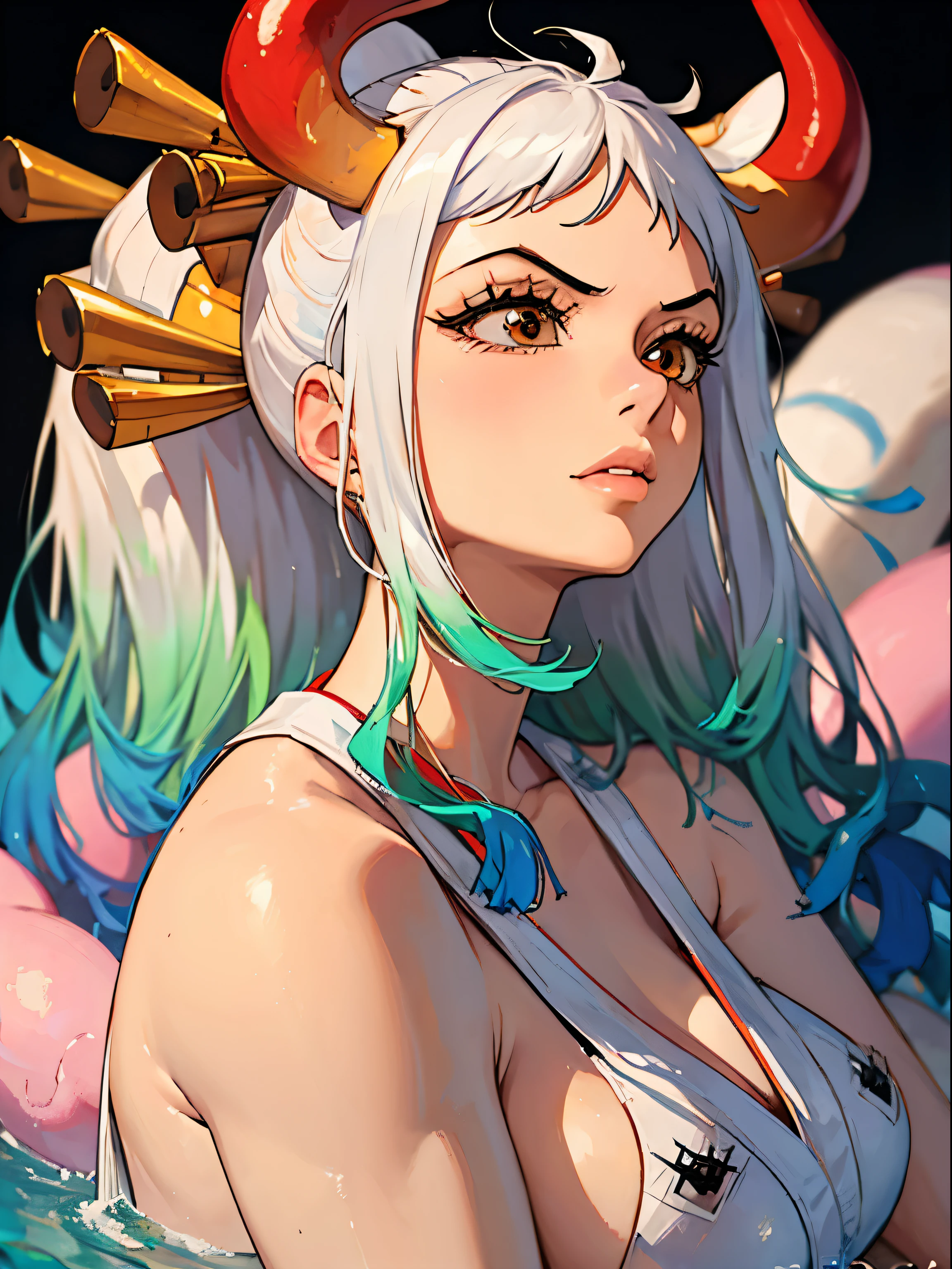 perfect face, detailed face, Female giant one piece yamato,  exposed chest, Full view of naked body, Perfect face, green eyes, Beautiful woman (one piece yamato), topless character, tight pose, side , forehead, Back, pose, White skin, huge very big chest, by white, design sheet, long nipples 
