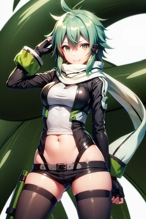 Shinono, green hair,large breats,light smile,gloves, shorts, fingerless gloves, scarf, short shorts, black shorts, anti-materiel rifle,best quality