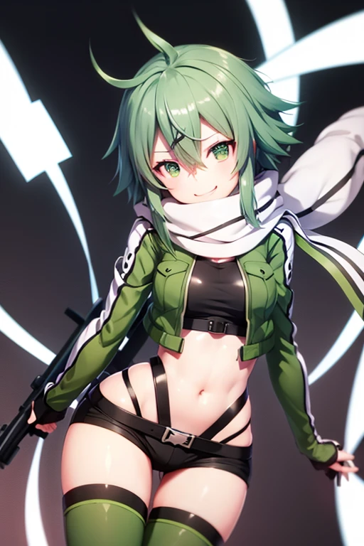 Shinono, green hair,large breats,light smile,gloves, shorts, fingerless gloves, scarf, short shorts, black shorts, anti-materiel rifle,best quality