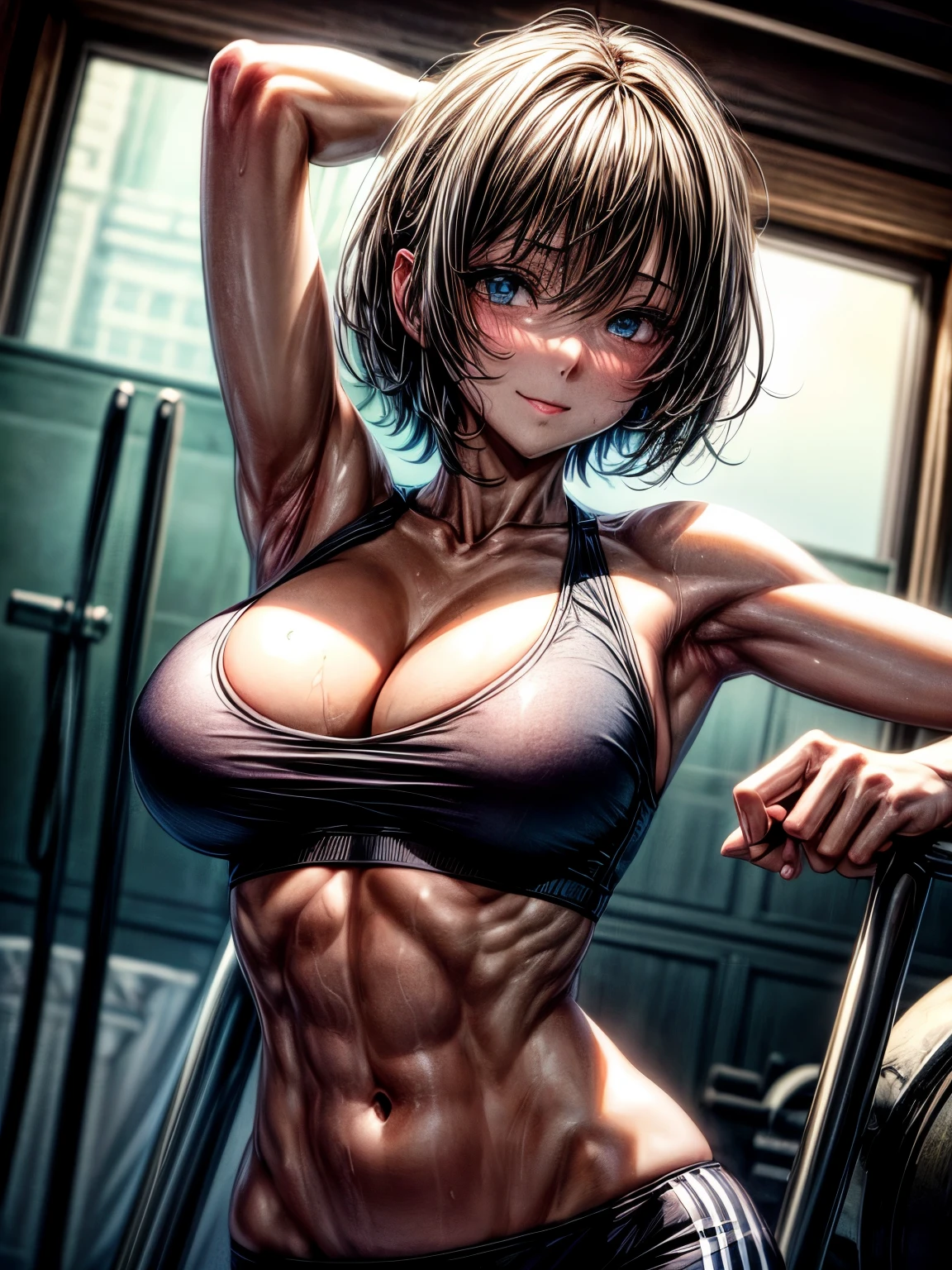 Beautiful Women, abdominals, Open chest, Thin, Fit, large full breasts, Show the armpits, training gym, Wet skin, Wet clothes, Wet lower body, short-cut, A dark-haired, Rat trail section, White Sports Bra, low-rise, A slight smile, straddling the ball, full body shot from below