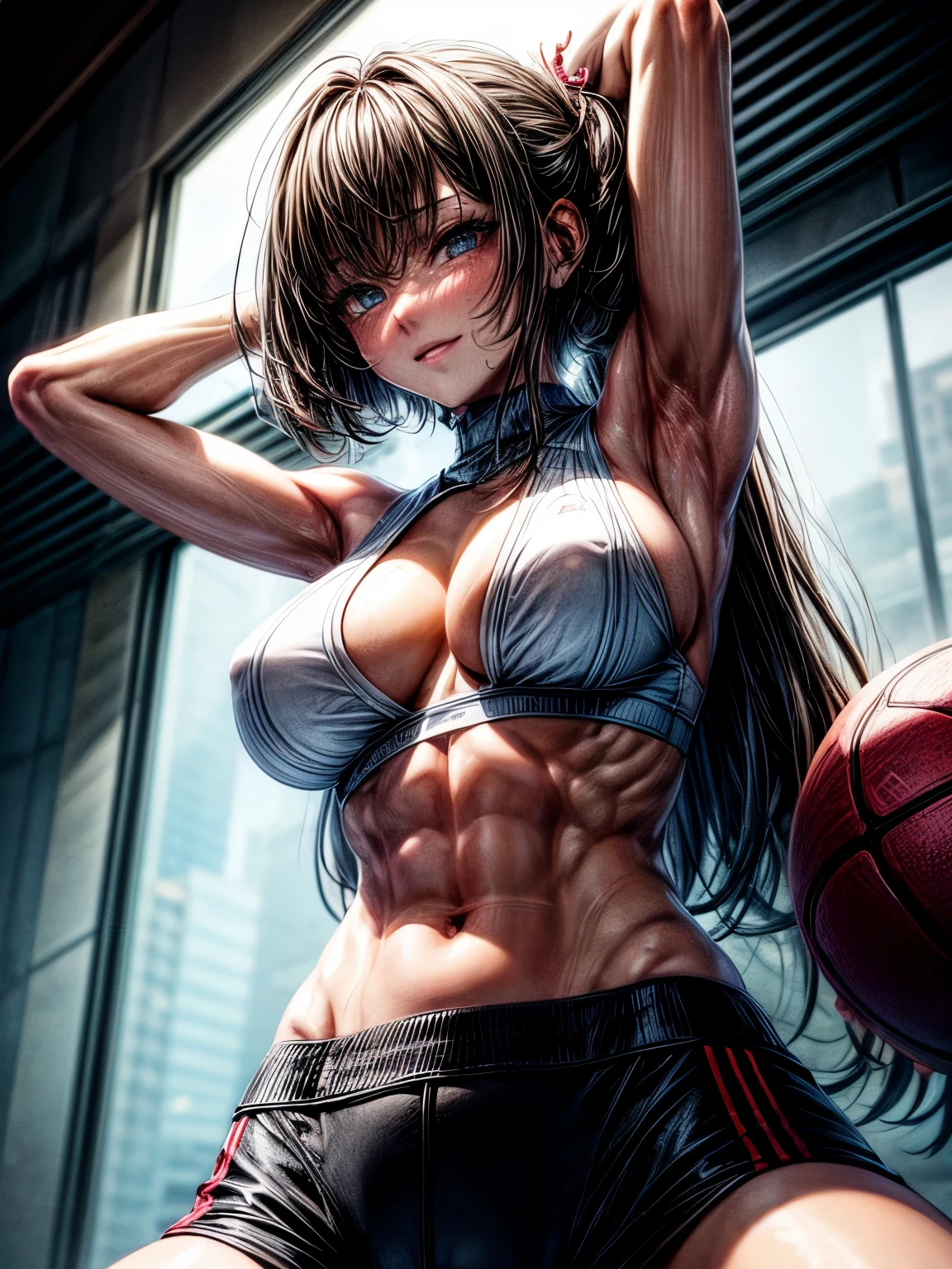 Beautiful Women, abdominals, Open chest, Thin, Fit, large full breasts, Show the armpits, training gym, Wet skin, Wet clothes, Wet lower body, short-cut, A dark-haired, Rat trail section, White Sports Bra, low-rise, A slight smile, straddling the ball, full body shot from below