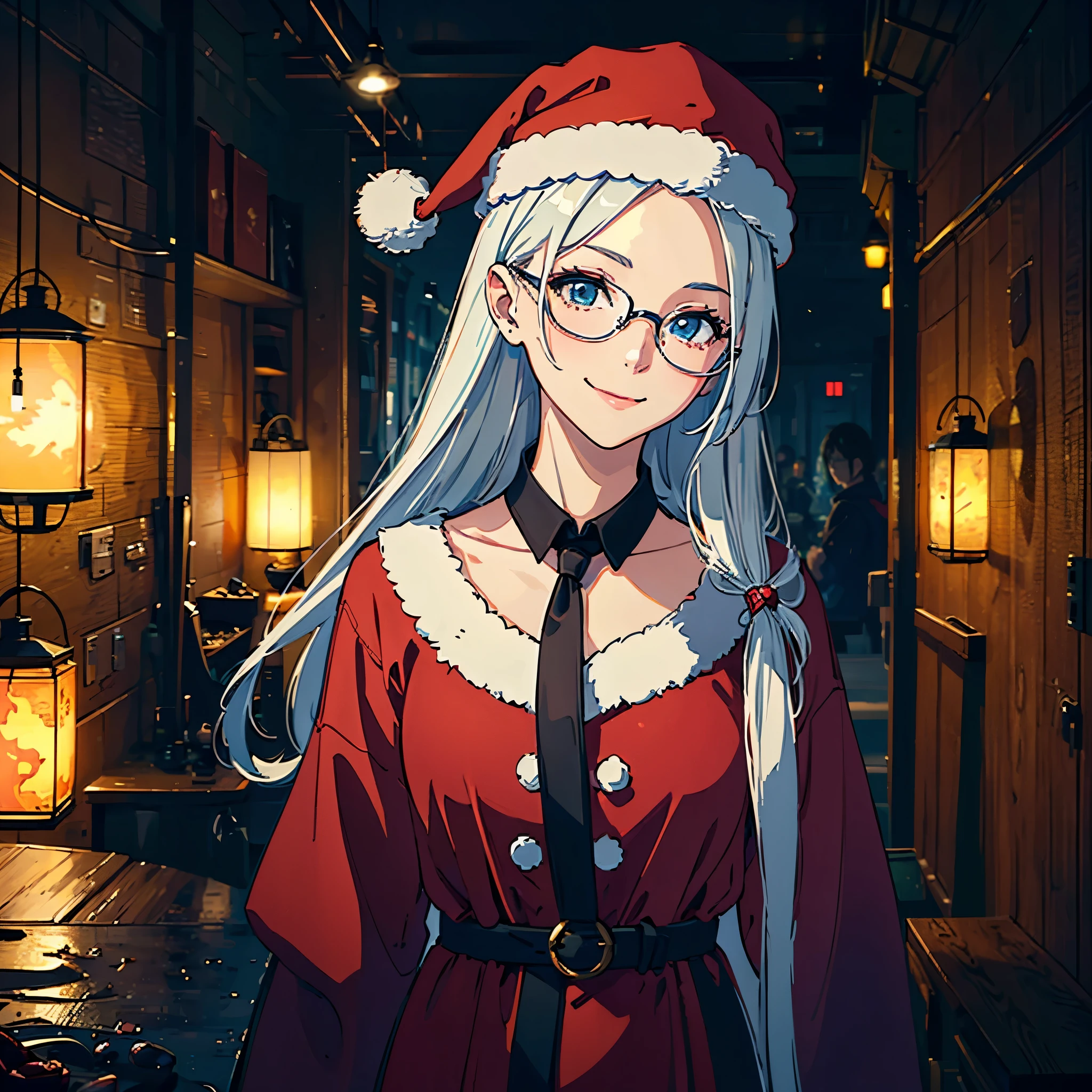 A smiling girl wearing glasses and dressed as Santa Claus