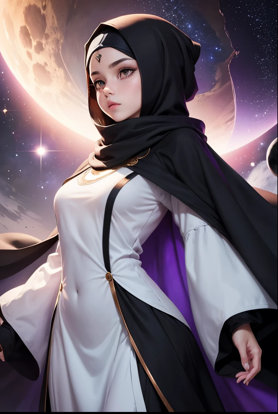 Cute girl, A girl wearing a white turban, a long black abaya, Purple clothes, Black cloak, white turban, Planets and galaxies in the background,Fight, sexy, porn