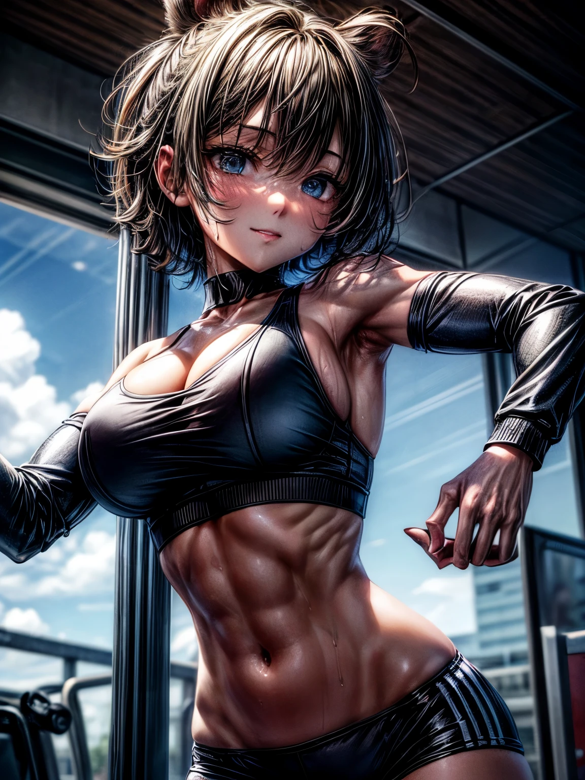 Beautiful Women, abdominals, Open chest, Thin, Fit, large full breasts, Show the armpits, training gym, Wet skin, Wet clothes, Wet lower body, short-cut, A dark-haired, Rat trail section, White Sports Bra, low-rise, A slight smile, straddling the ball, full body shot from below