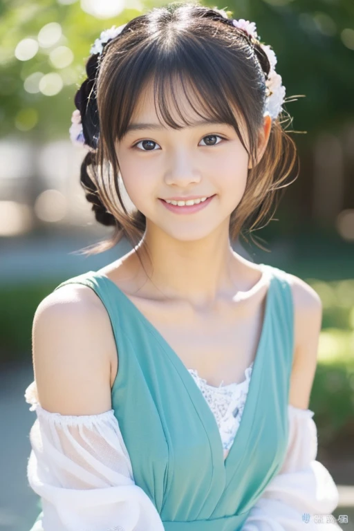 (((masterpiece))), (One beautiful Japanese girl, classmates, Pure and innocent,kawaii) ,超A high resolution, Realistic, ultra-detailliert, 8K,top-quality, Extremely detailed, Detailed background,A slender,very beautiful japanese girl, Detailed face:1.3), (Boyish short-haired,A dark-haired :1.4), (a ,kawaii系,adorable 14 year o(Perfect body:1.1), robe blanche, Please show me your beautiful teeth,Bursting smile, beautiful off shoulder clavicle、hair scrunchie,Super Detailed Face、Detailed lips、A detailed eye、small gravure idol,Transparent skin,Lori