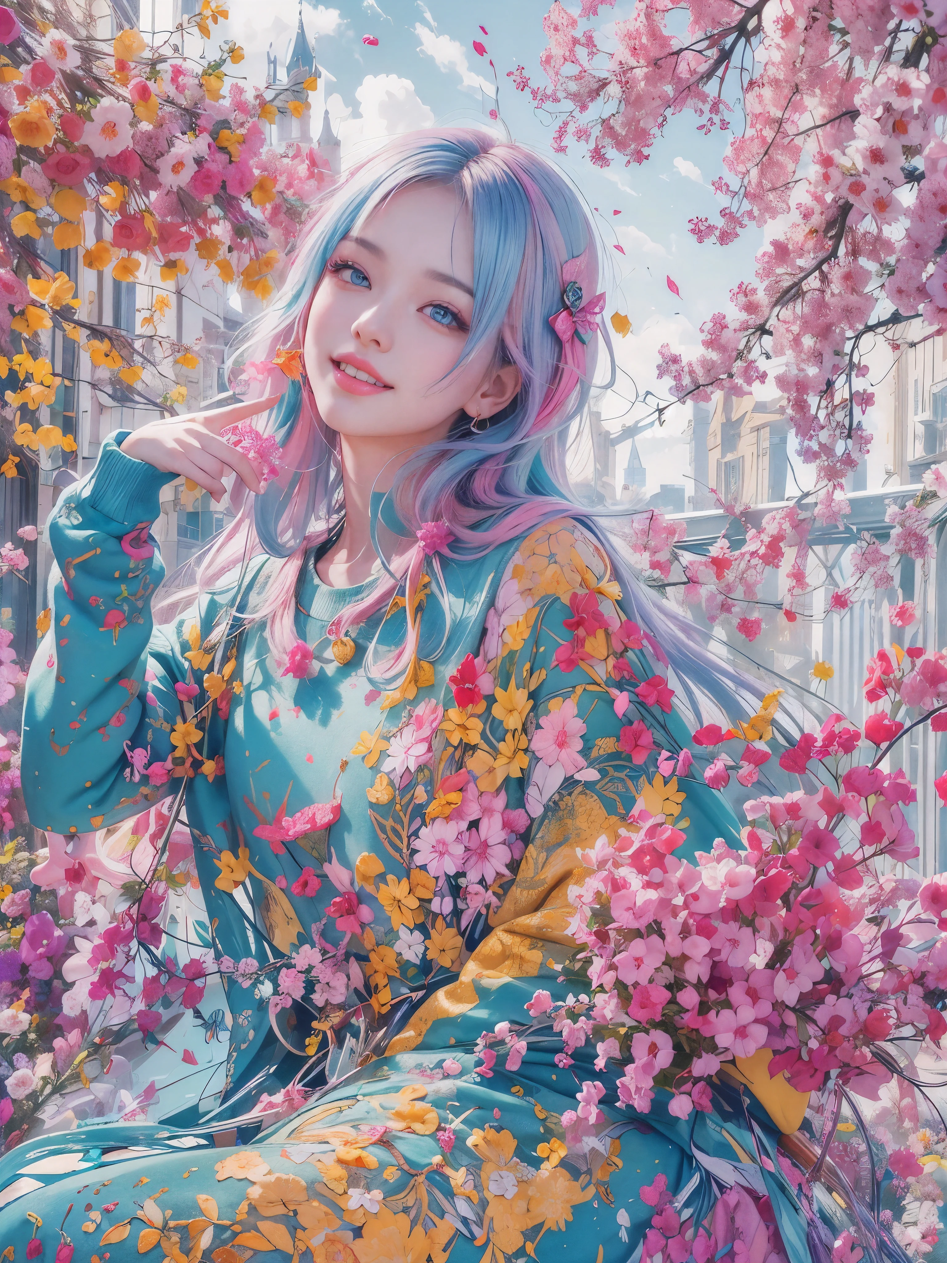 (Digital art, Geometrical art, official art, beautiful and aesthetic, ultra detailed, beautiful, masterpiece, best quality:1.6), (1girl:1.2), Detailed face, Detailed eyes, Detailed hair, young fingers, Detailed fingers, five fingers, sitting,
_
BREAK cute ig model, Japanese cute model, 22 years old, Tightened all body, small head, small face, small mouth, diamond Face, small nose, Sharp Faceline, (dropy eyes, Double eyelid, Light color eyes, Glossy eyes, Shiny eyes:1.2), Shiny skin, colorful hair, shiny hair,
_
BREAK (happy, smile, Teeth, Glossy Lips), beautiful Teeth, (upper body:1.5), from front,
_
BREAK (oversize, colorful paint sweatshirt:1.2), body paint, (colorful Enamel high-cut Sneakers:1.2),
