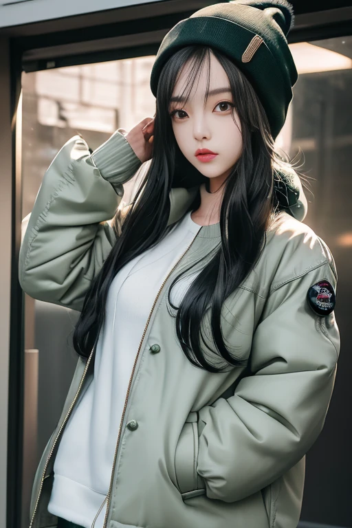 Masterpiece ,best quality,1girl,mai,long hair ,black hair,white beanie, dark green jacket, looking viewer,