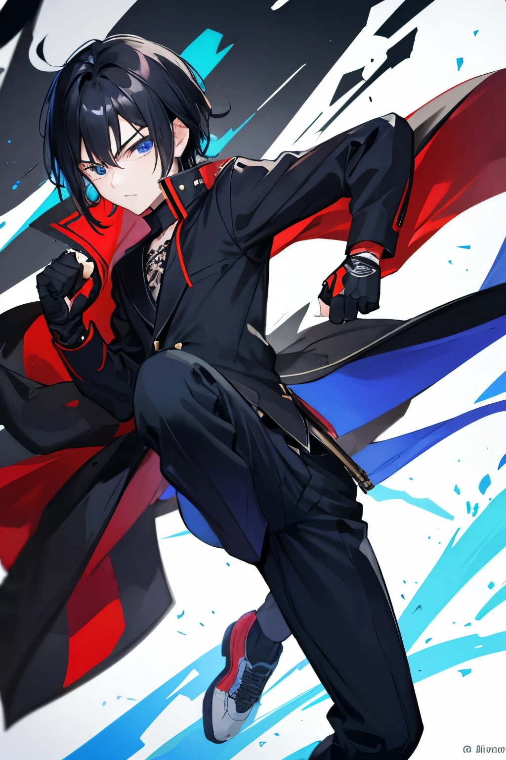 12 year old boy martial artist with jet black hair, blue eyes and a badass hairstyle