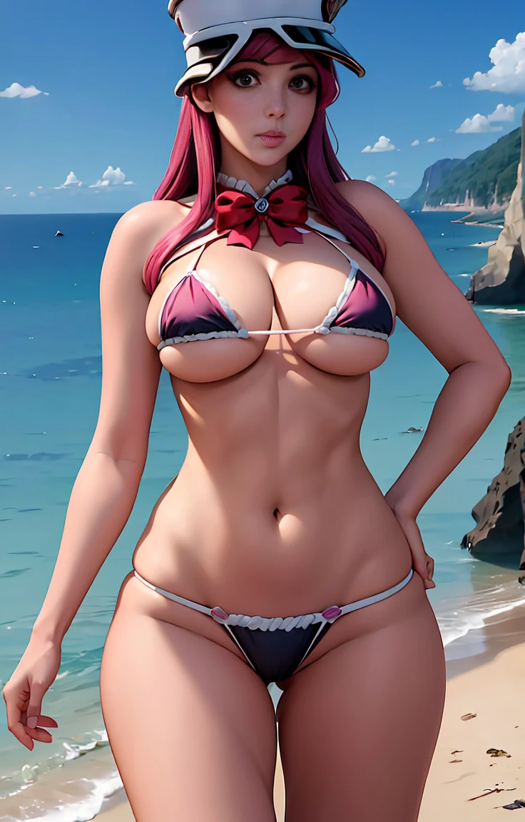 Bambietta bleach, foto de corpo inteiro, White sailor's hat, pernas grossas e bonita do mais alto grau baseada na personagem bambietta extremely high quality, olhos detalhados, A mais alta qualidade de imagem, Top resolution, Fotos RAW, Foto Realista, ultra detalhado e bonito, Detalhes mais altos, Pele clara bonita, (seios grandes, seios aparente, micro bikini, medium hips, Athletic body, olhos pretos brilhantes, cabelos longos, cabelo rosa, arte digital, 4k, detalhes perfeitos, hipnotizantes, feito profissionalmente, beautiful vector illustration, 12k resolution, ((altamente detalhado)),((Ultra alta qualidade)), na praia, bem detalhado