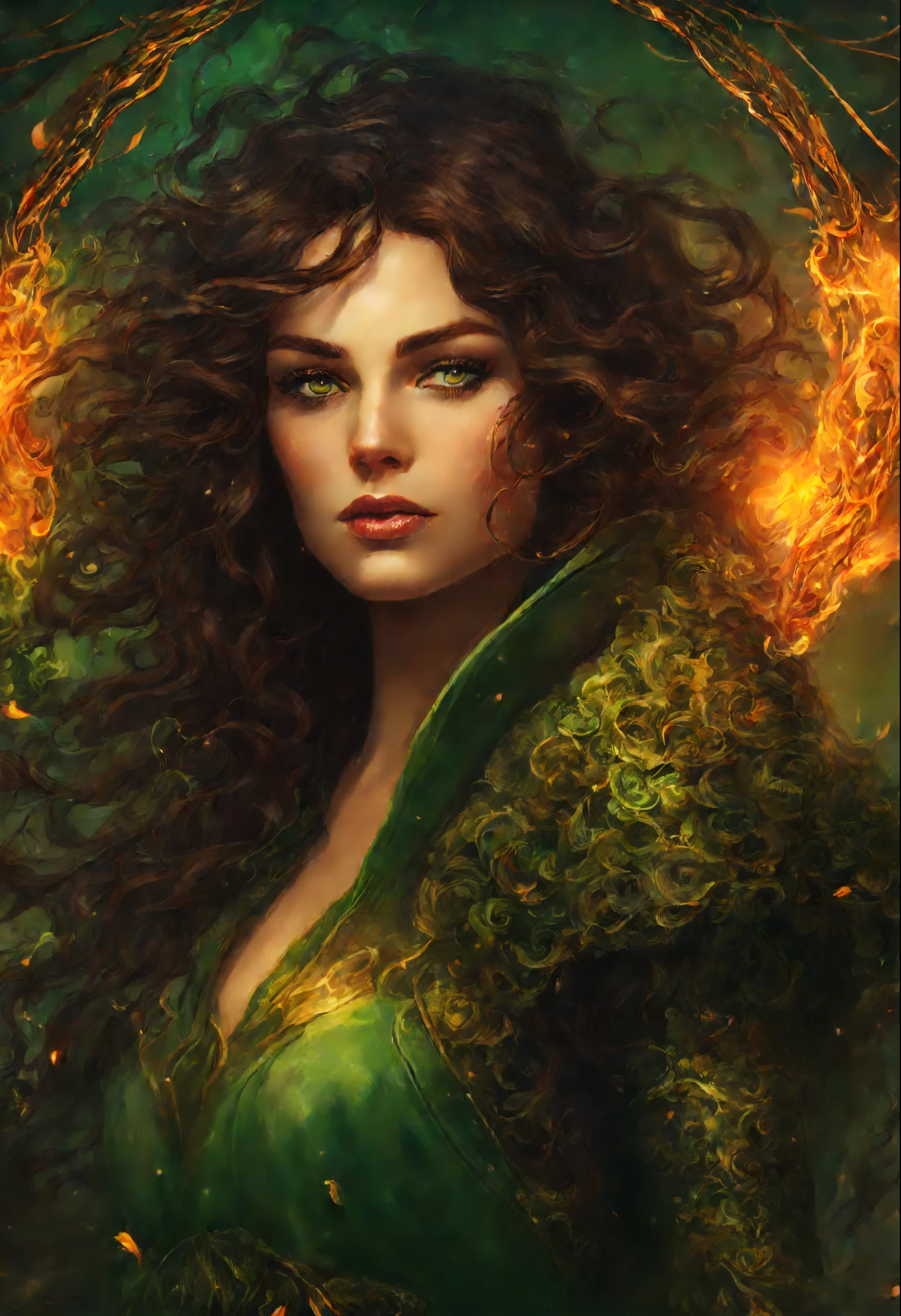 close-up of a green-eyed woman surrounded by a ring of fire, dark brown curls, fantasy portrait, epic fantasy art style, epic fantasy digital art style, epic fantasy style art, fantasy character portrait, fantasy art portrait, epic rpg portrait, epic fantasy art portrait, epic portrait illustration, Epic Magician Girl Character, fantasy portrait art, Fantasy RPG Symmetrical Portrait