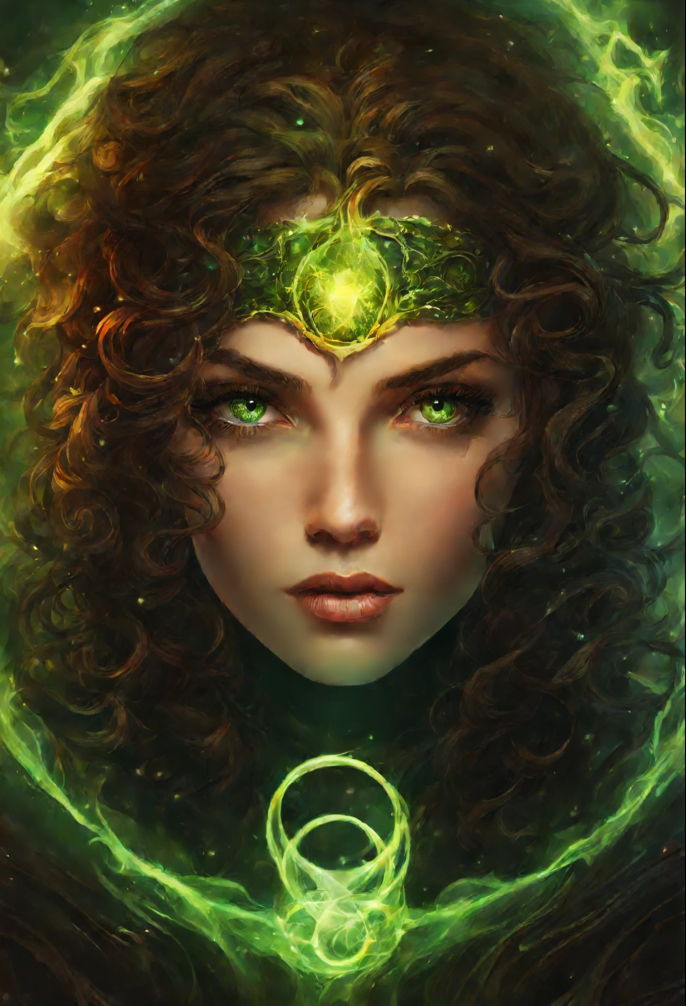 close-up of a green-eyed woman surrounded by a ring of fire, dark brown curls, fantasy portrait, epic fantasy art style, epic fantasy digital art style, epic fantasy style art, fantasy character portrait, fantasy art portrait, epic rpg portrait, epic fantasy art portrait, epic portrait illustration, Epic Magician Girl Character, fantasy portrait art, Fantasy RPG Symmetrical Portrait